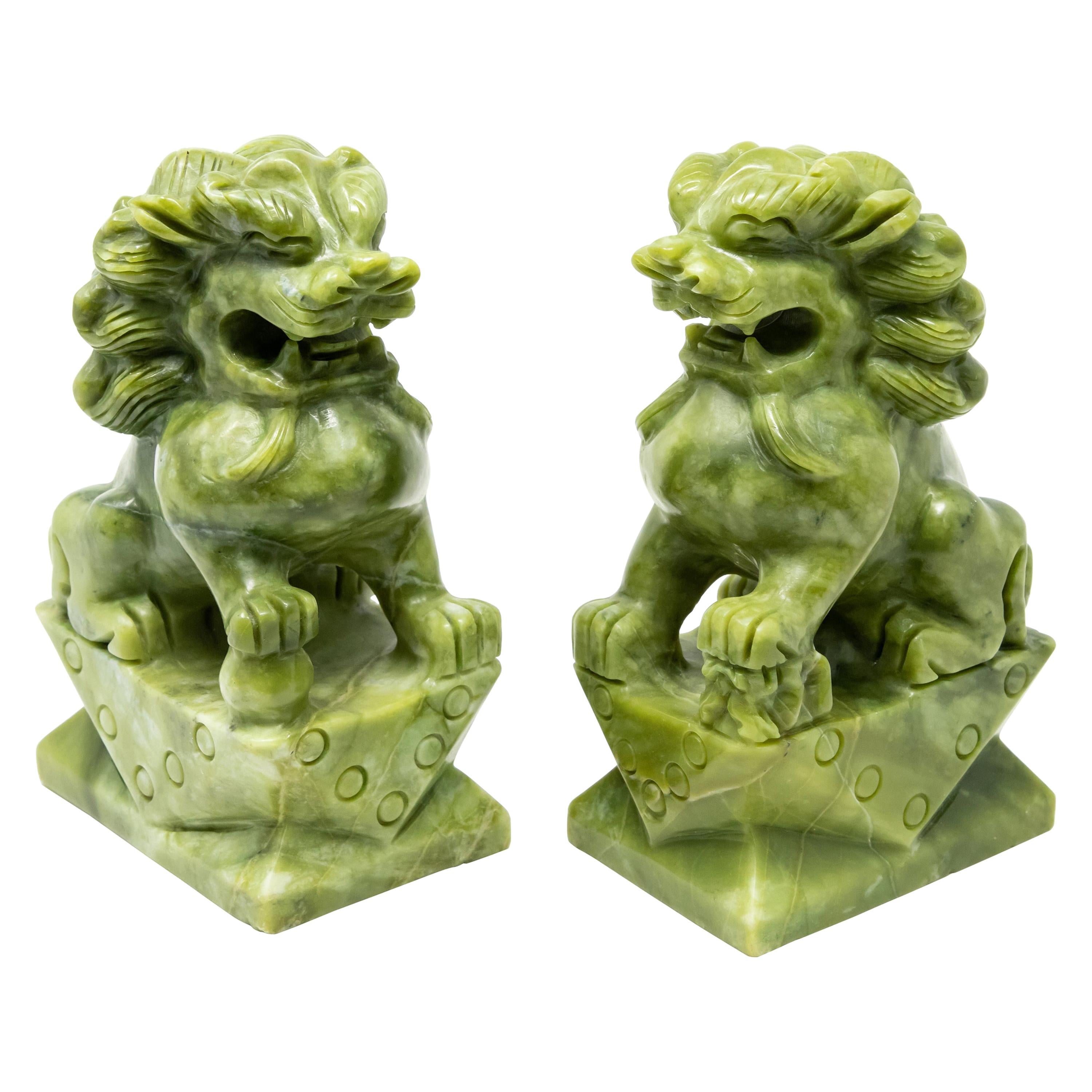 Chinese Carved Serpentine Stone Guardian Lions For Sale