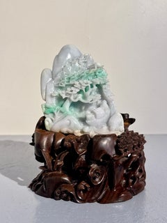Chinese Carved Jadeite Boulder Grotto on Hardwood Stand, 20th Century, China