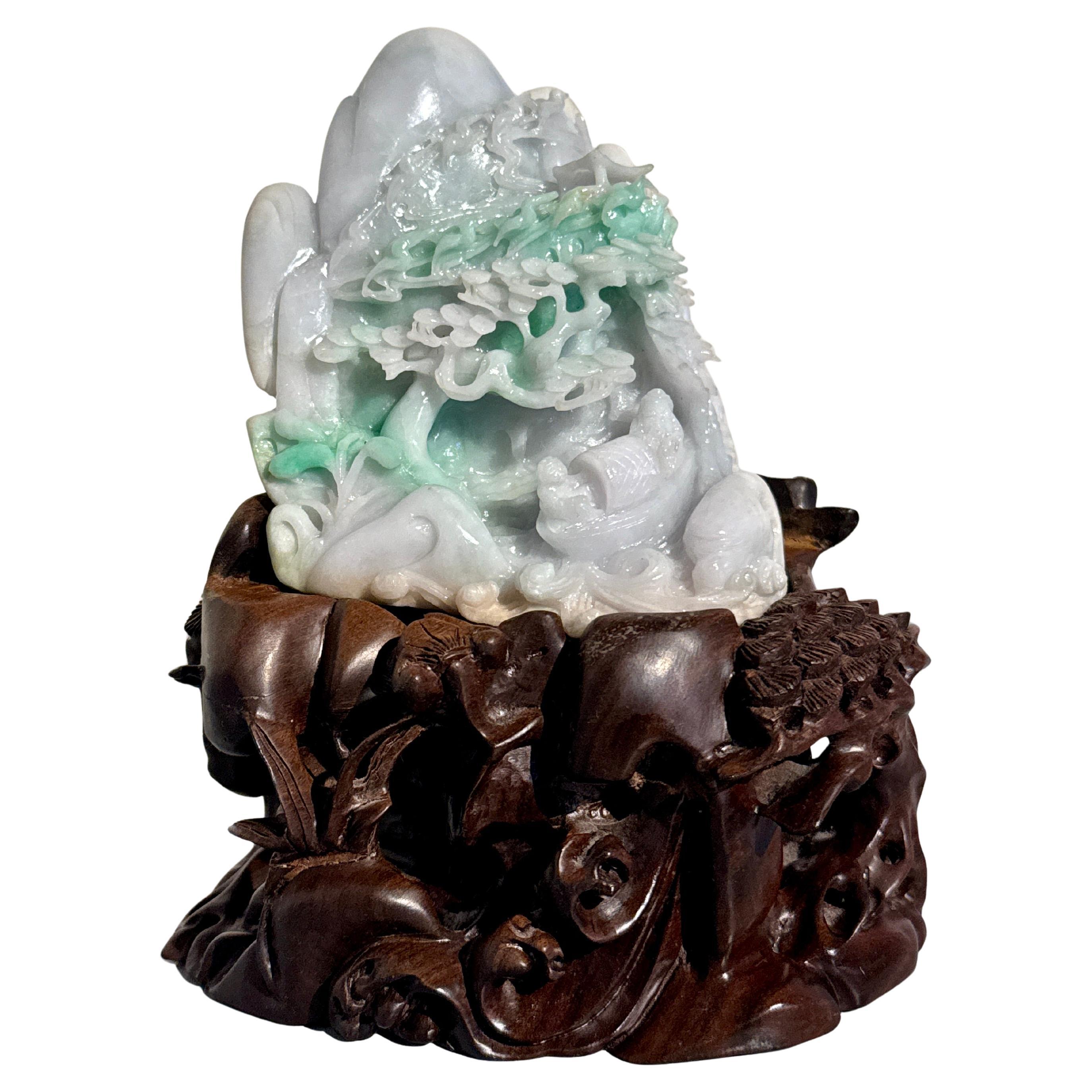 Chinese Carved Jadeite Boulder Grotto on Hardwood Stand, 20th Century, China