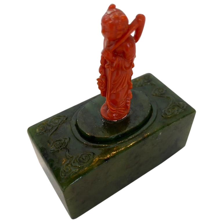 Chinese Carved Jadeite Box with Coral Finial
