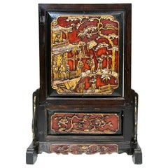 Antique Chinese Carved Lacquer Firescreen