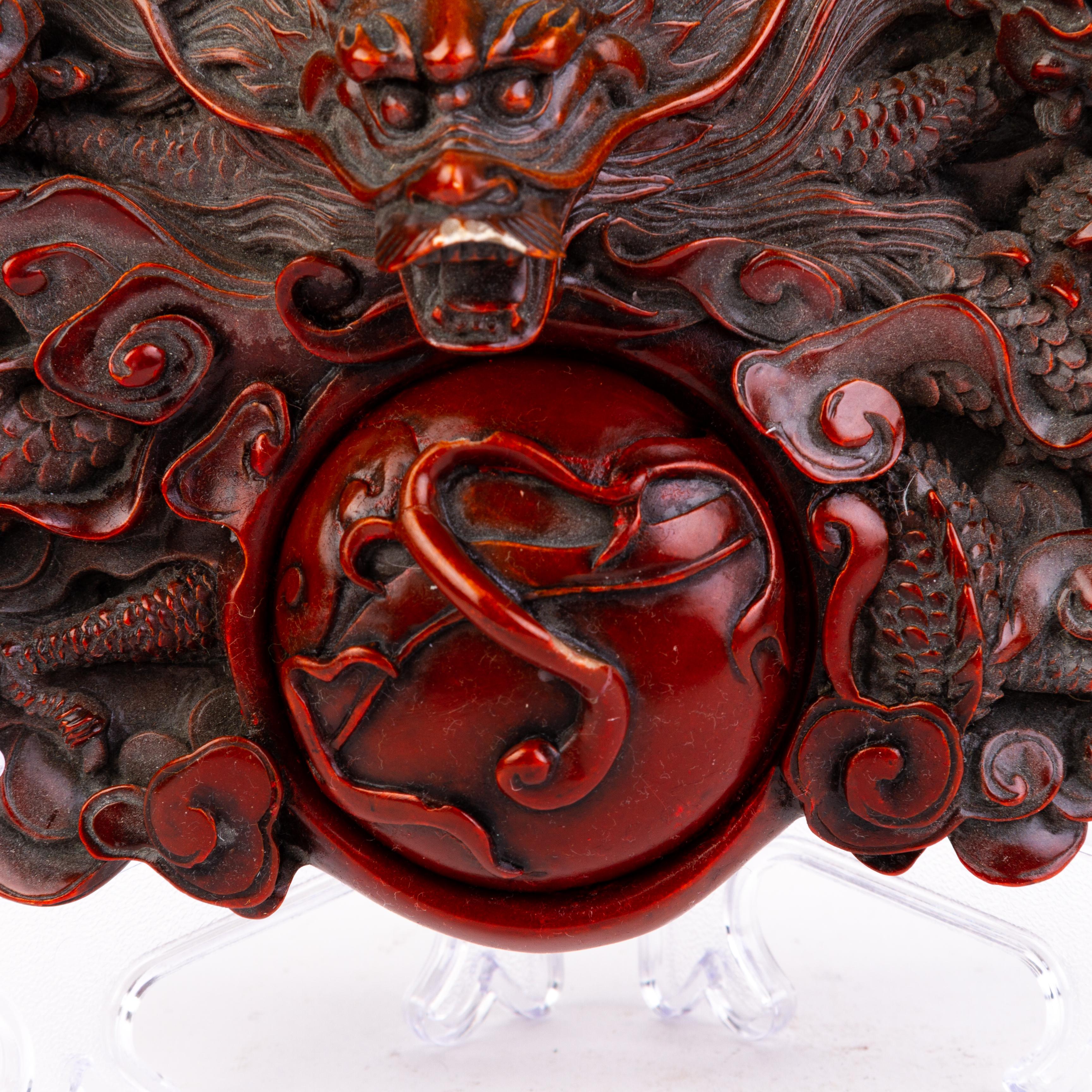 Chinese Carved Lacquered Horned Dragon Ink Desk Stand Sculpture  In Good Condition For Sale In Nottingham, GB
