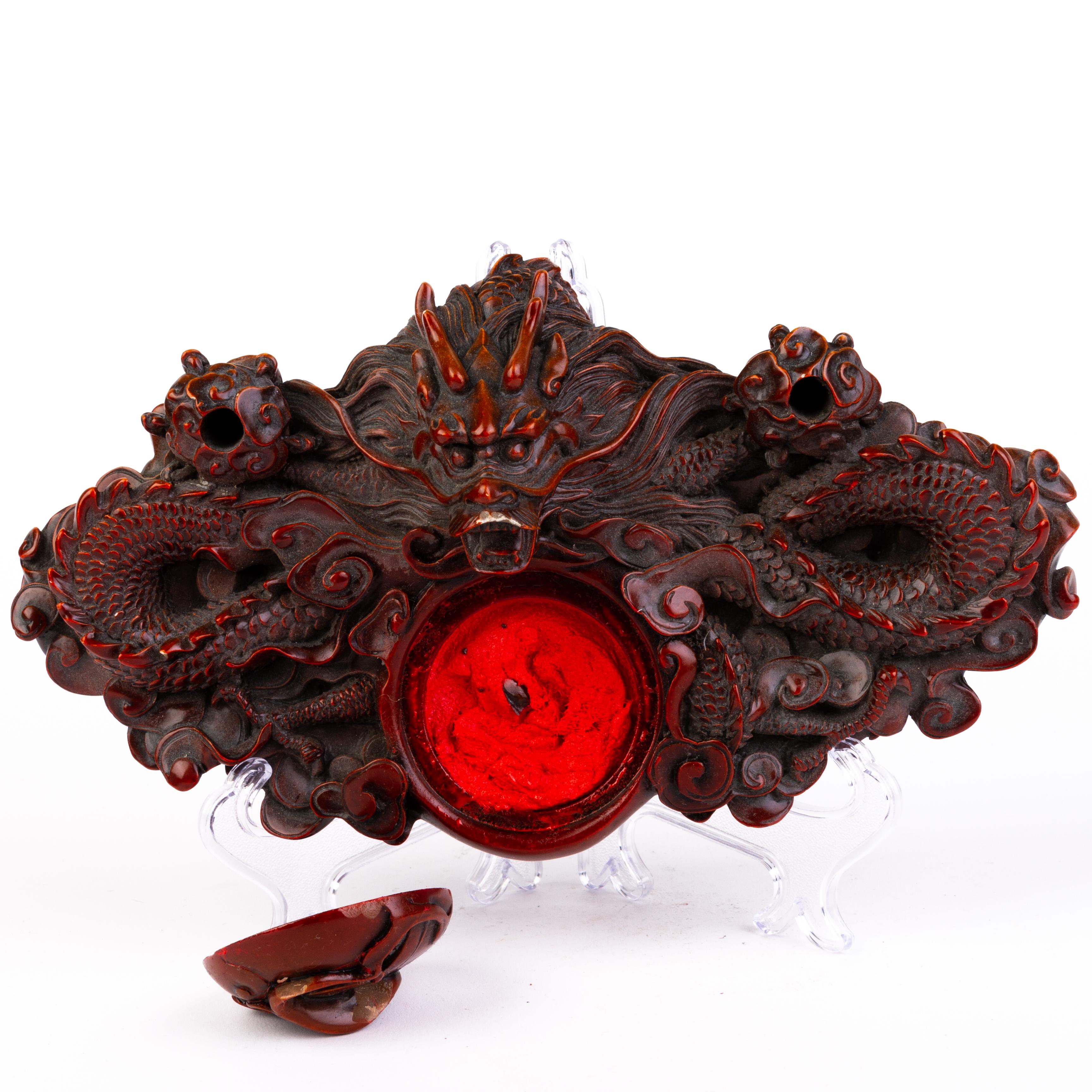 20th Century Chinese Carved Lacquered Horned Dragon Ink Desk Stand Sculpture  For Sale