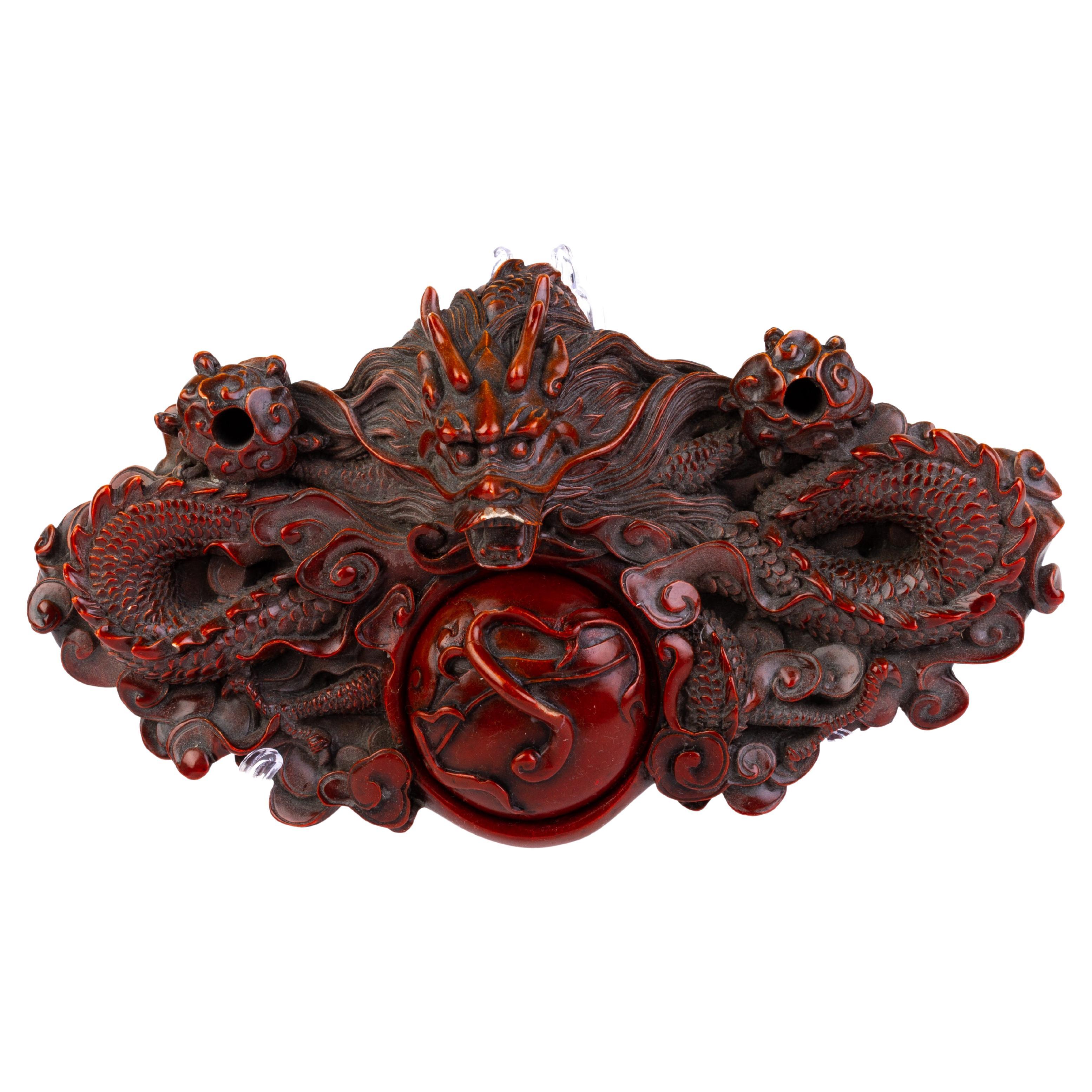 Chinese Carved Lacquered Horned Dragon Ink Desk Stand Sculpture  For Sale