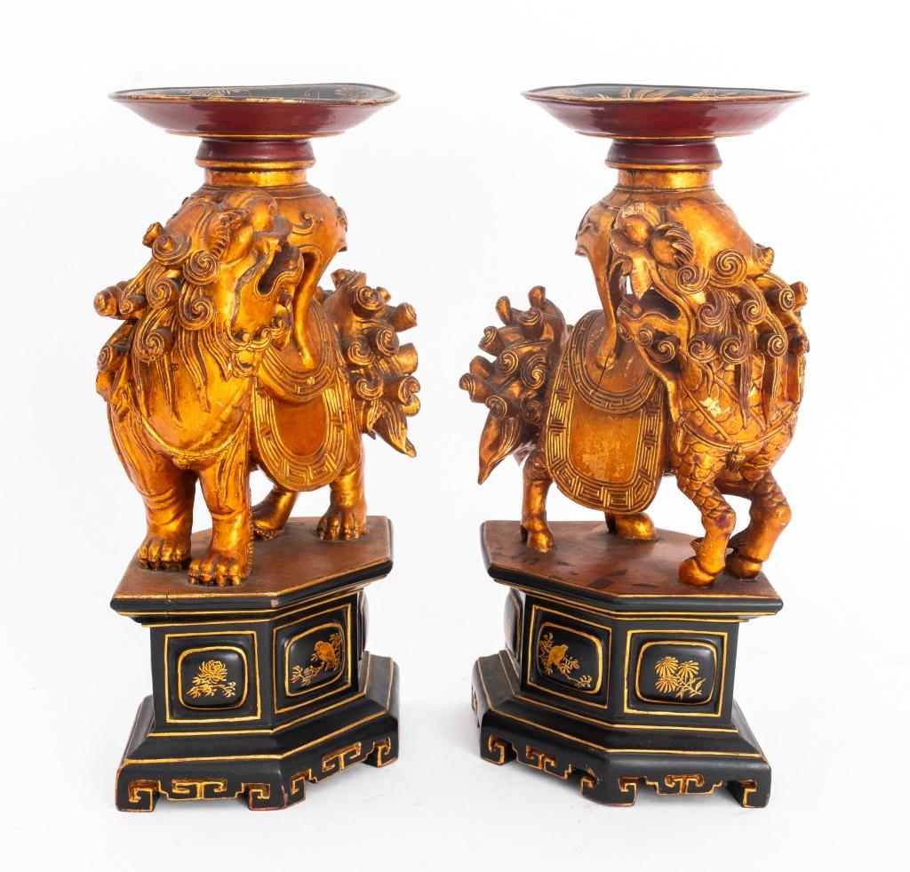 Chinese Export Chinese Carved Lacquered Wood Candle Stands, Pair