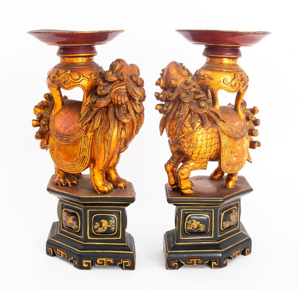 Hand-Carved Chinese Carved Lacquered Wood Candle Stands, Pair