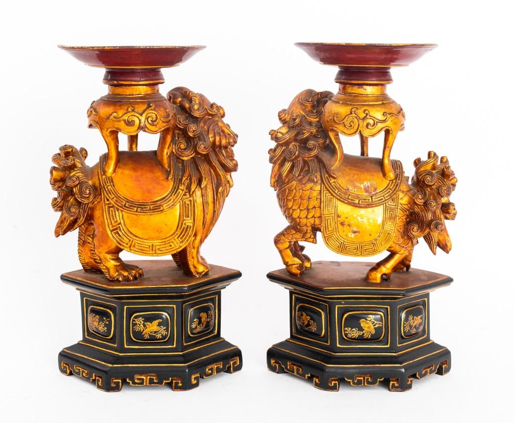 Chinese Carved Lacquered Wood Candle Stands, Pair In Good Condition In New York, NY