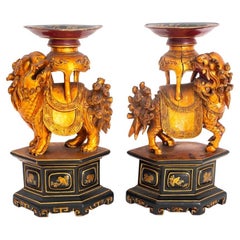Chinese Carved Lacquered Wood Candle Stands, Pair