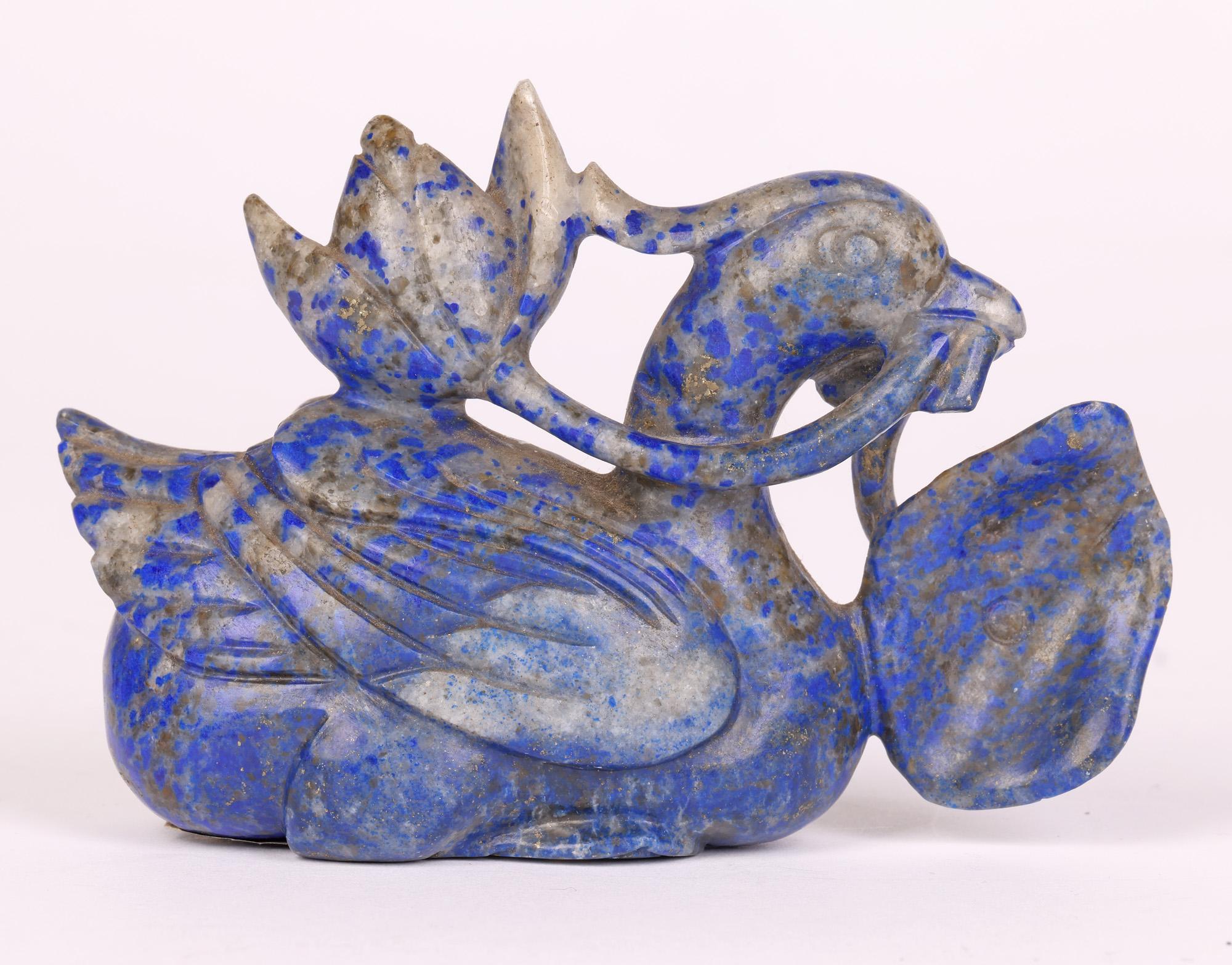 Hand-Carved Chinese Carved Lapis Lazuli Duck and Lotus Flower Figure   For Sale