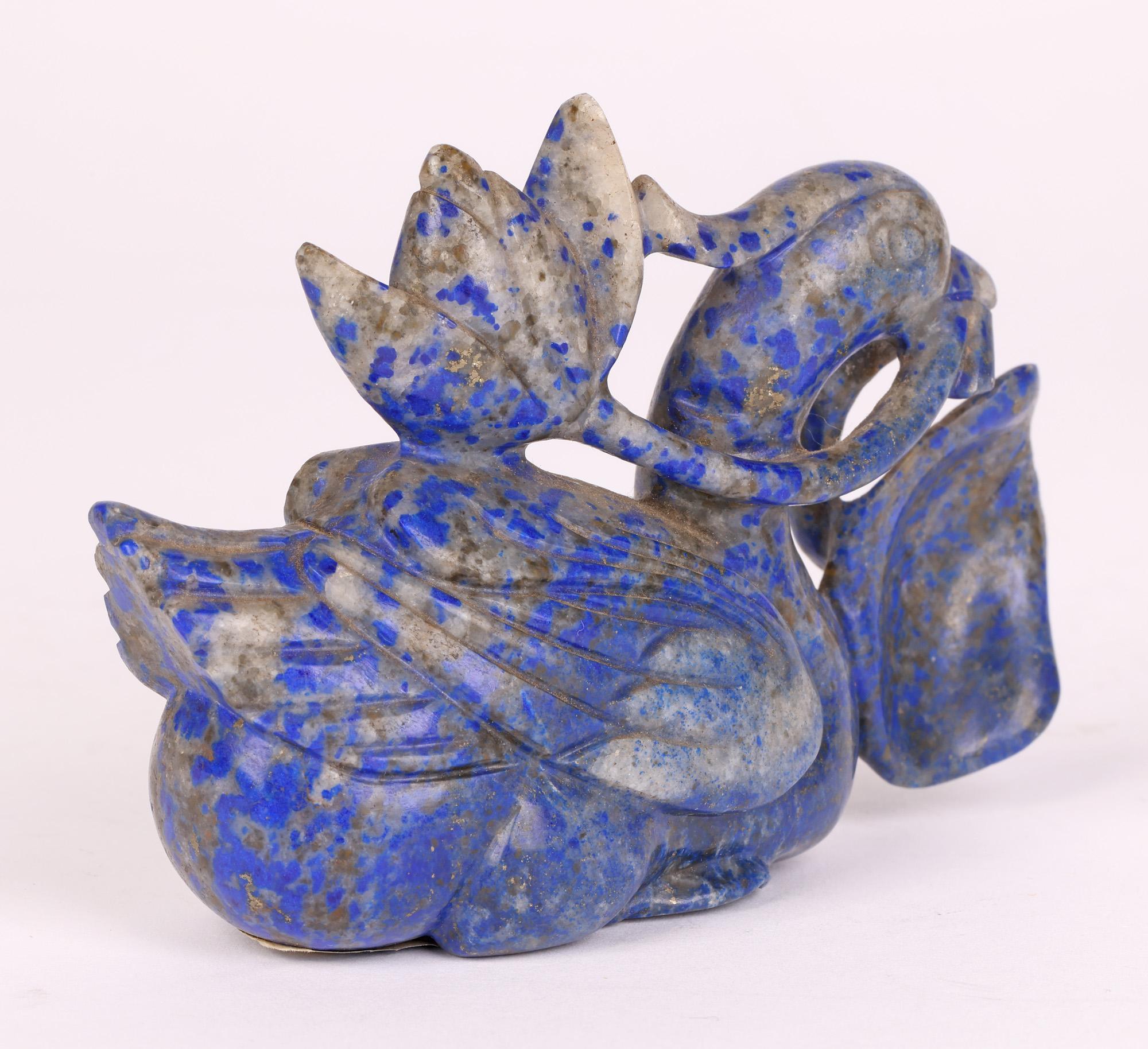 20th Century Chinese Carved Lapis Lazuli Duck and Lotus Flower Figure   For Sale