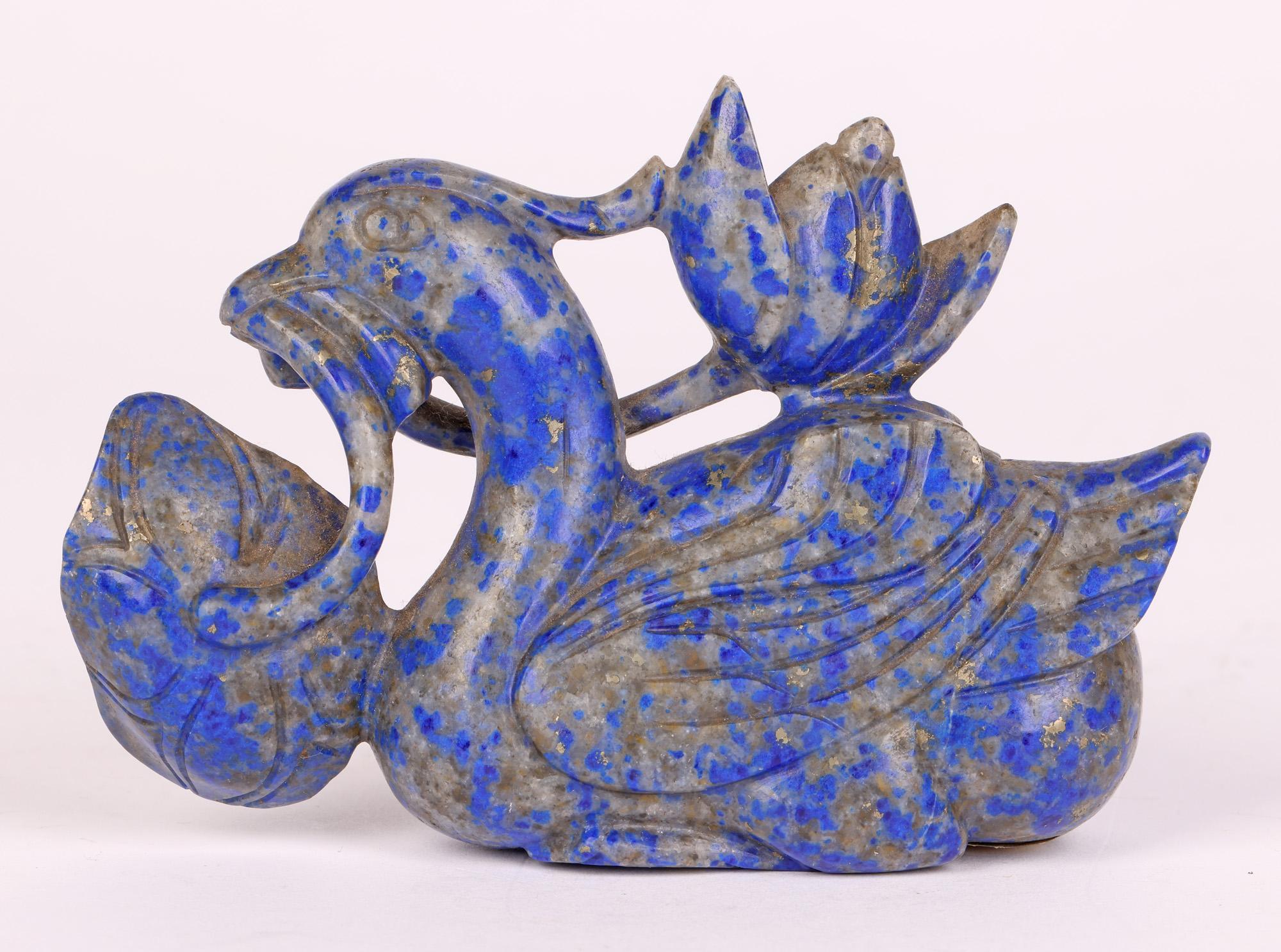 Chinese Carved Lapis Lazuli Duck and Lotus Flower Figure   For Sale 1