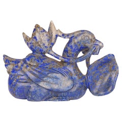 Chinese Carved Lapis Lazuli Duck and Lotus Flower Figure  