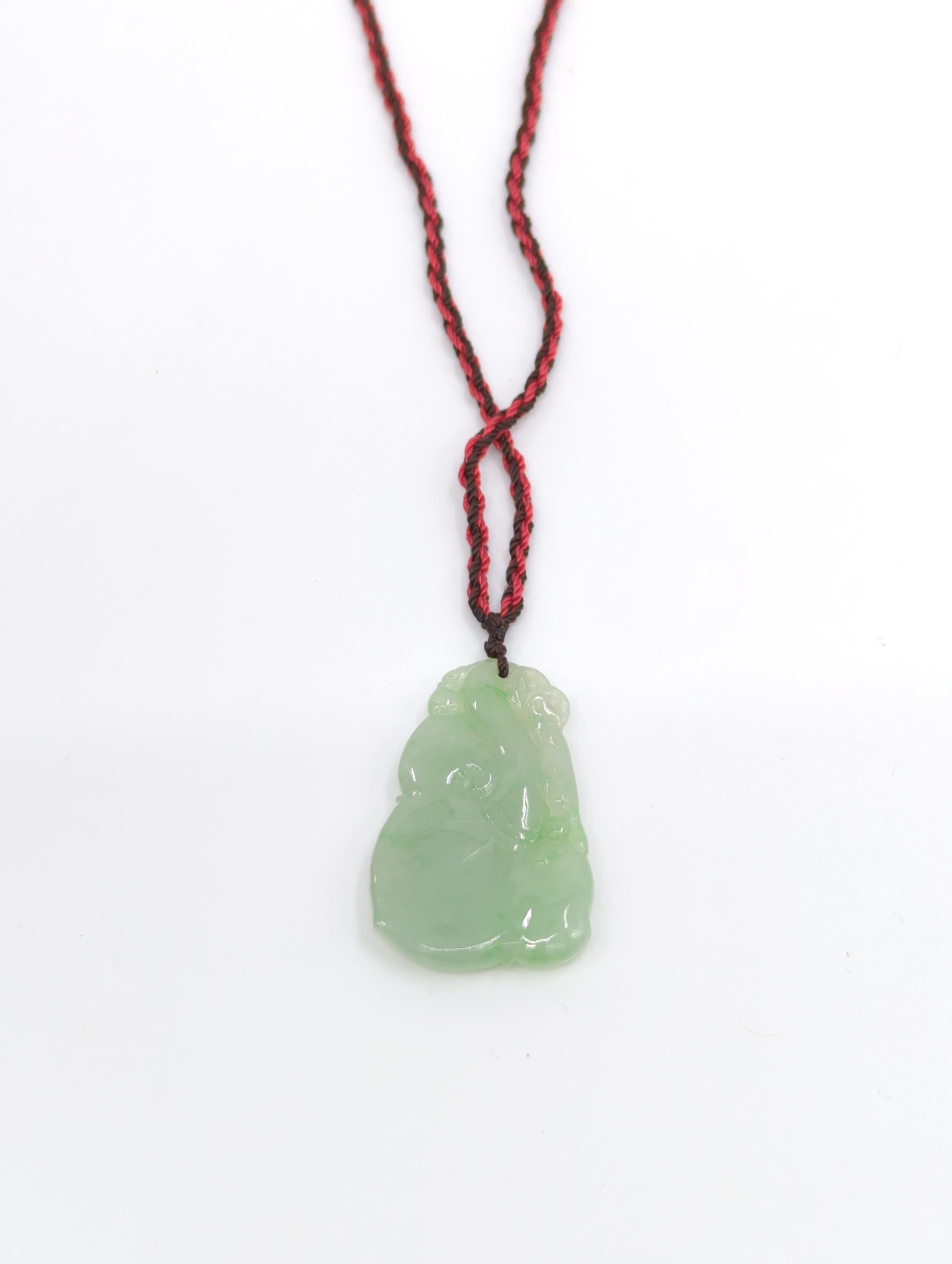Chinese Carved Light Green Ruyi Jadeite Pendant Necklace A-Grade 18-24