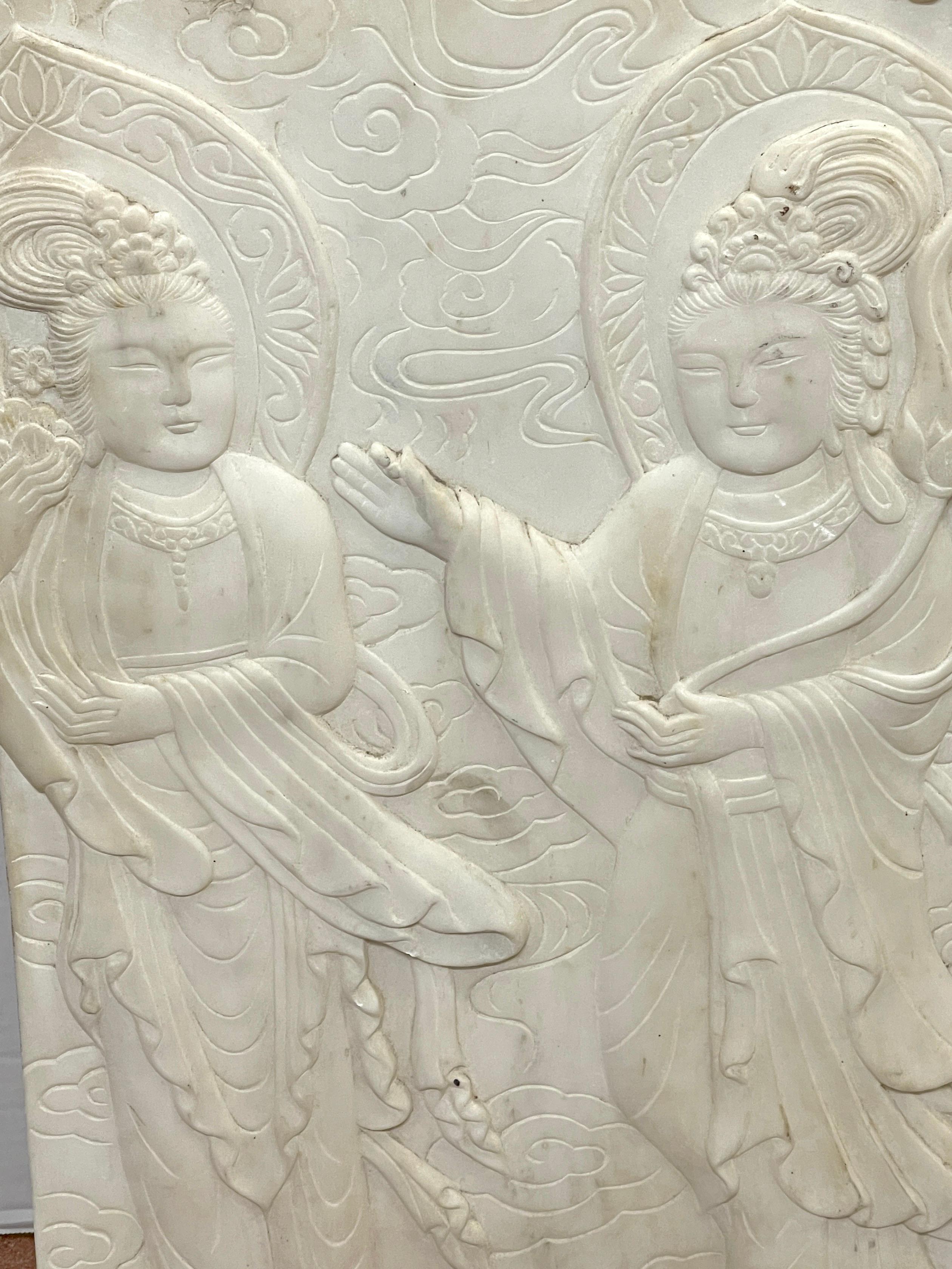 Chinese Export Chinese Carved Marble Plaque of Three Deities For Sale
