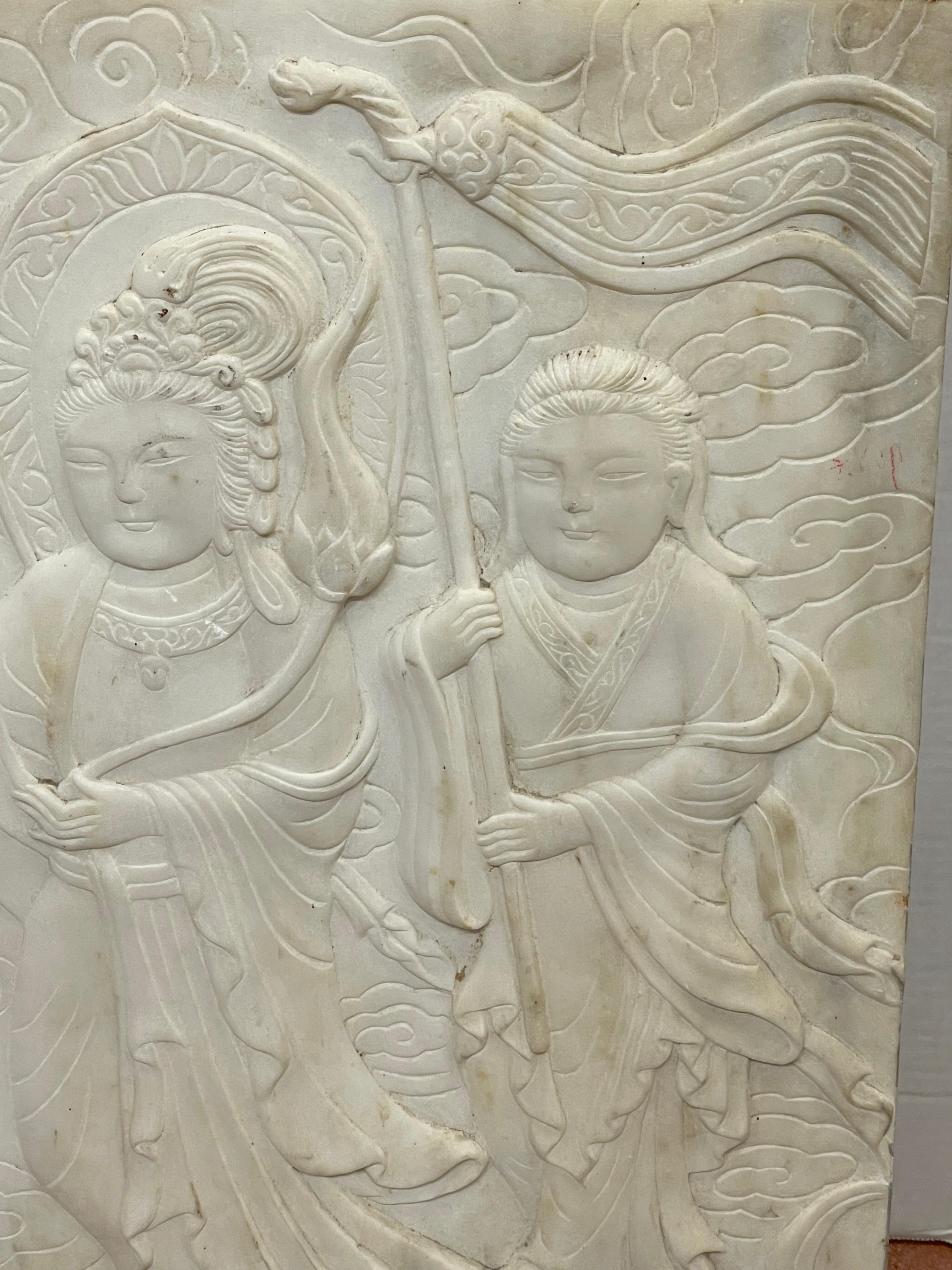 20th Century Chinese Carved Marble Plaque of Three Deities For Sale