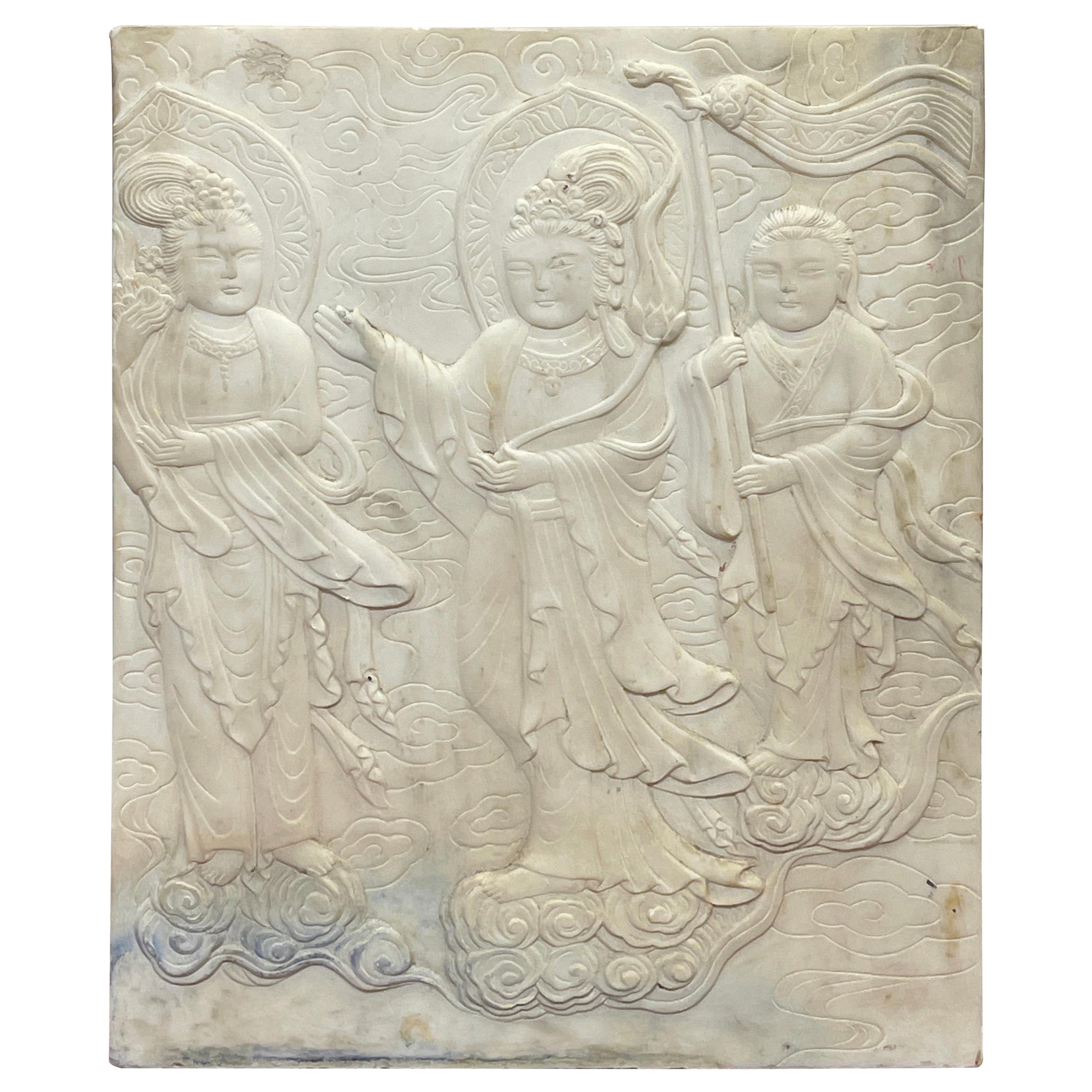 Chinese Carved Marble Plaque of Three Deities For Sale