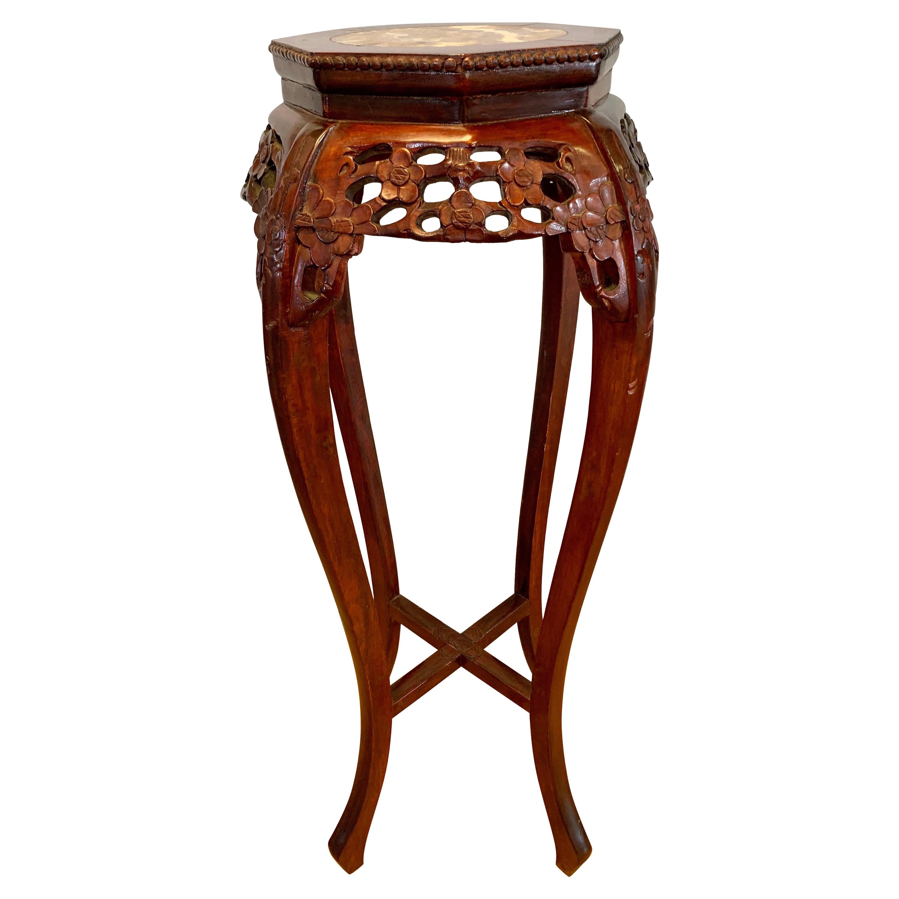 Chinese Carved Marble-Top Rosewood Pedestal Stand