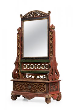 Chinese Carved Painted Wood Dressing Table / Vanity Mirror with Gilt Highlights