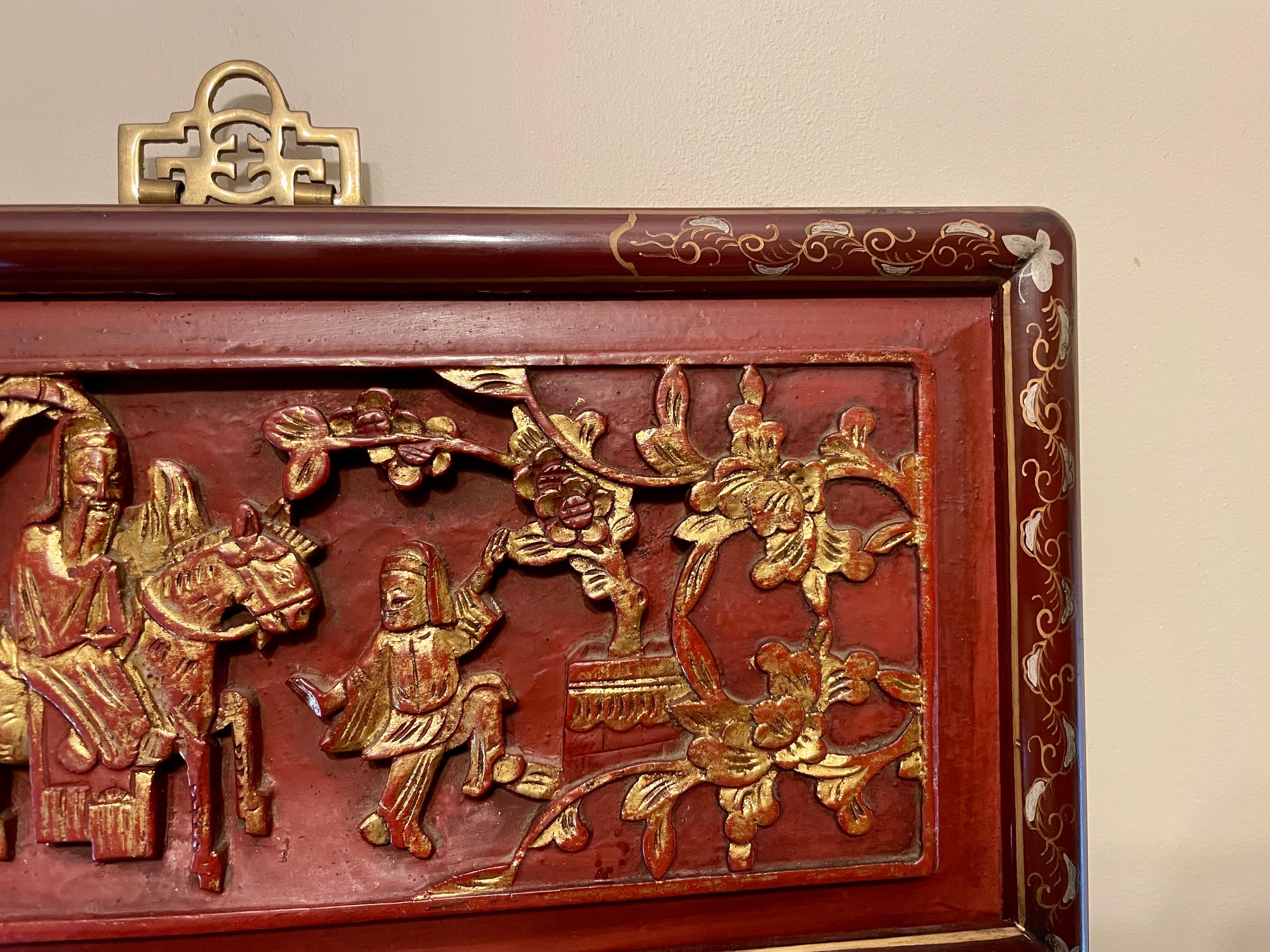 Painted Chinese Carved Panel Gilt  Beveled Mirror