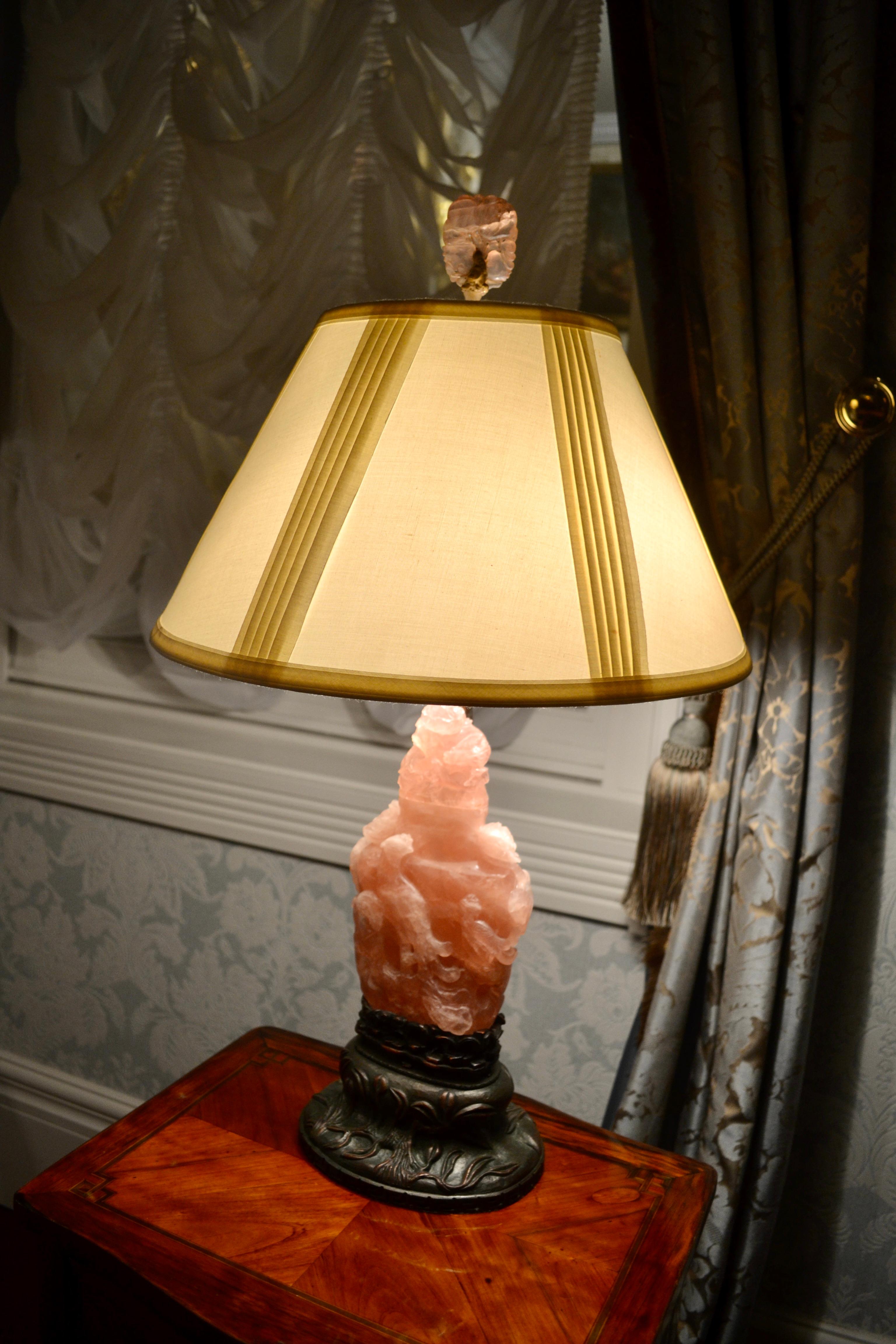 Stone Chinese Carved Pink Fluorite 'Jadeite' Table Lamp