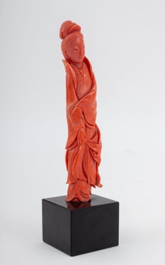 Chinese Carved Red Coral Guan Yin Sculpture