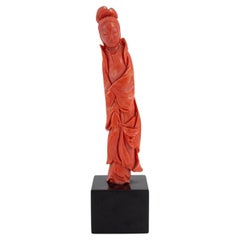 Chinese Carved Red Coral Guan Yin Sculpture
