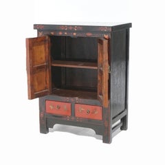 Chinese Carved Red Lacquer & Ebonized Cabinet, Gilt Highlights, 20th C