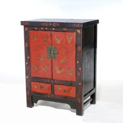 Chinese Carved Red Lacquer 
Ebonized Cabinet, Gilt Highlights, 20th C