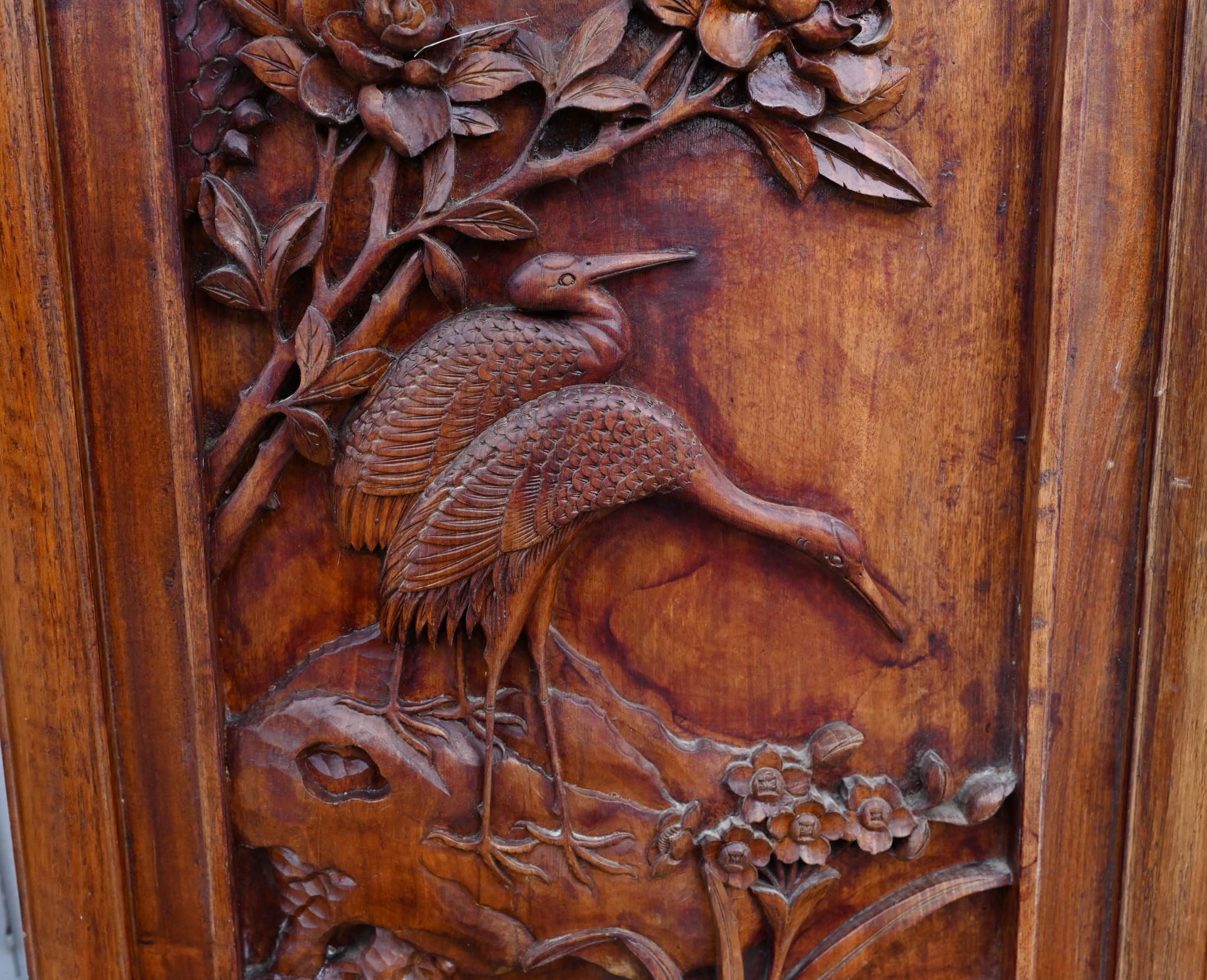 Chinese Carved Room Divider Screen Crane Bird Carvings Antique 1880 For Sale 7