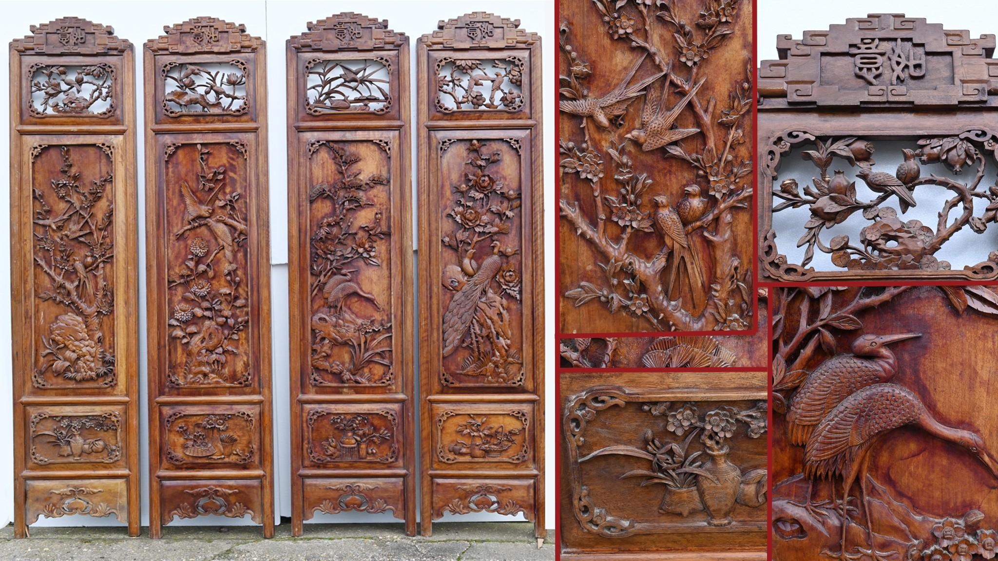 Gorgeous set of four hand carved Chinese screens
These were originally part of a screen or room divider and could be put back together to serve that purpose if required
Good size at almost seven feet all - 208 CM
Just look at all the details and