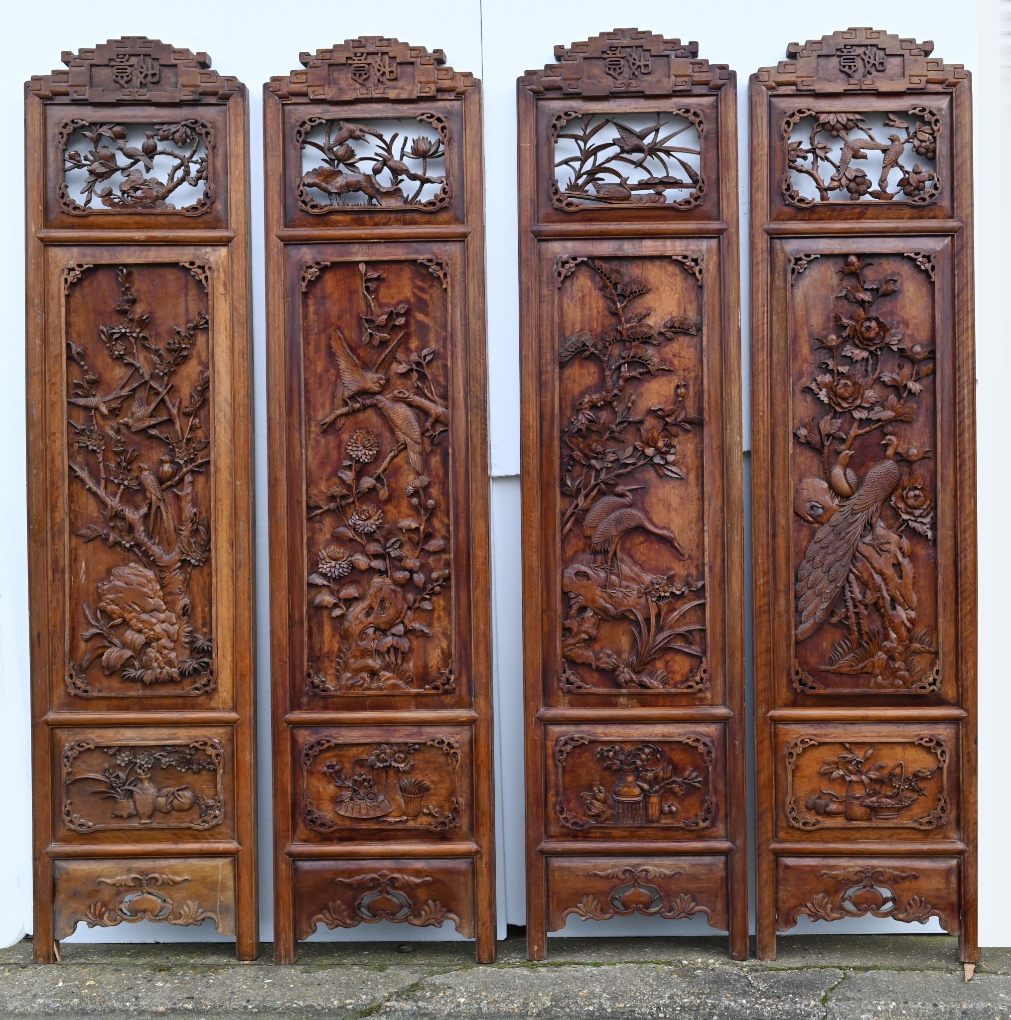 Chinese Carved Room Divider Screen Crane Bird Carvings Antique 1880 In Good Condition For Sale In Potters Bar, GB