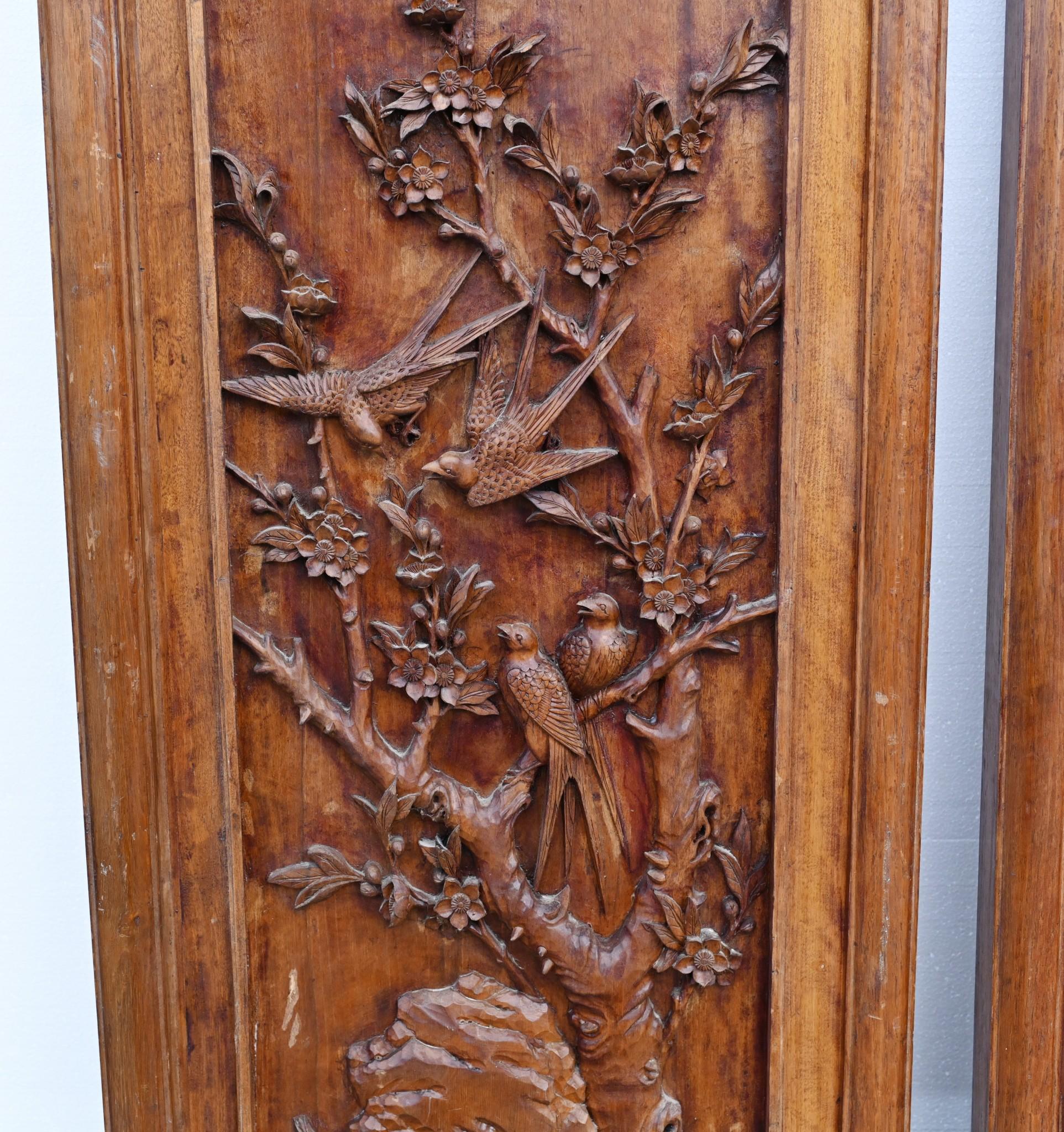 Chinese Carved Room Divider Screen Crane Bird Carvings Antique 1880 For Sale 1