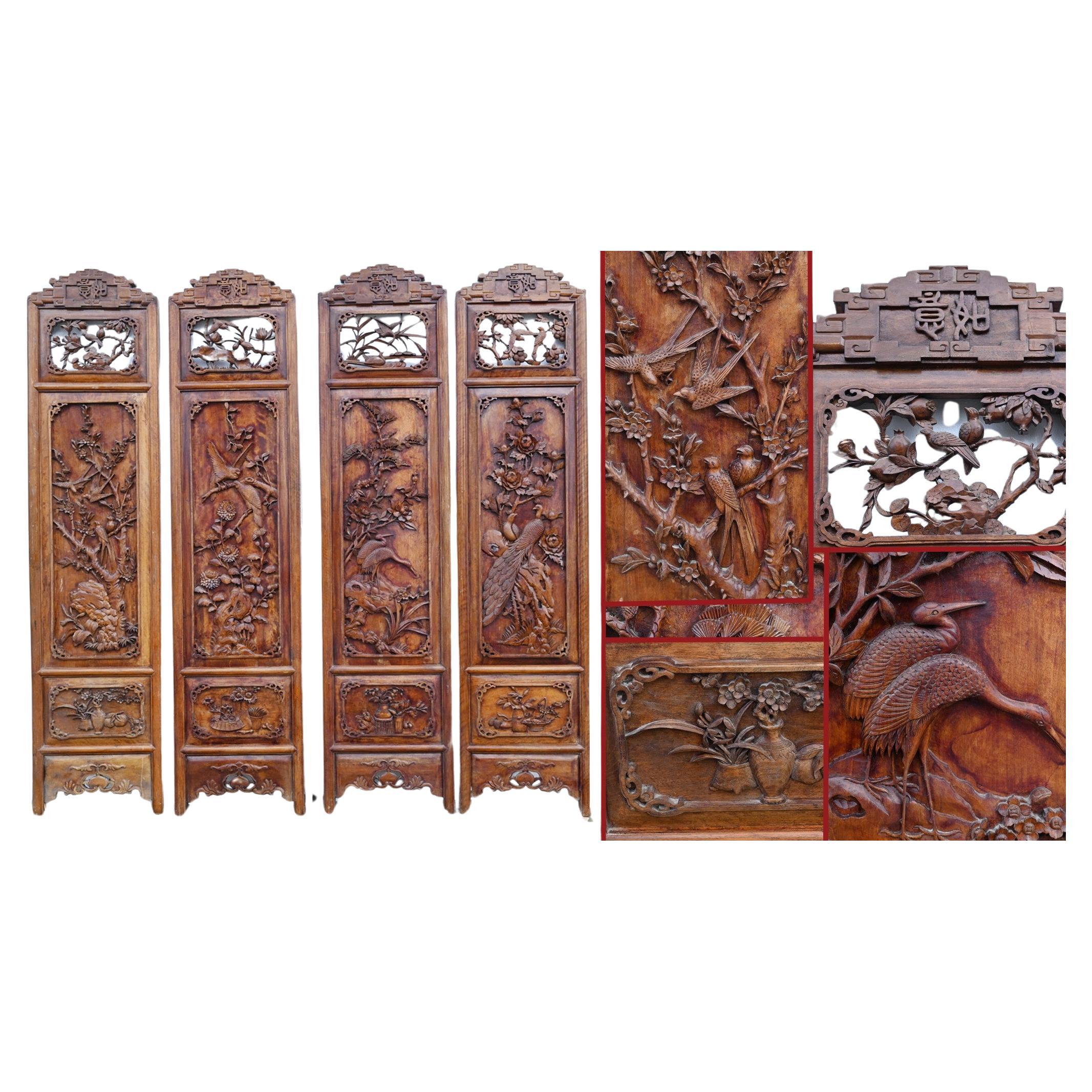 Chinese Carved Room Divider Screen Crane Bird Carvings Antique 1880