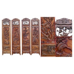 Chinese Carved Room Divider Screen Crane Bird Carvings Used 1880