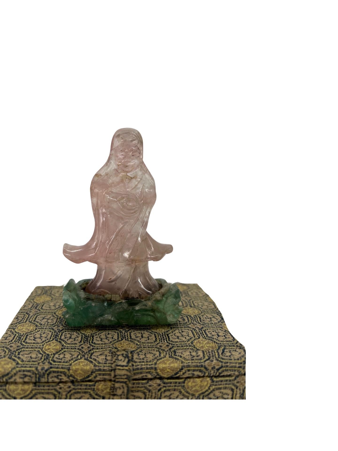 Chinese Carved Rose Quartz and Jade Immortal Figure In Good Condition For Sale In Atlanta, GA