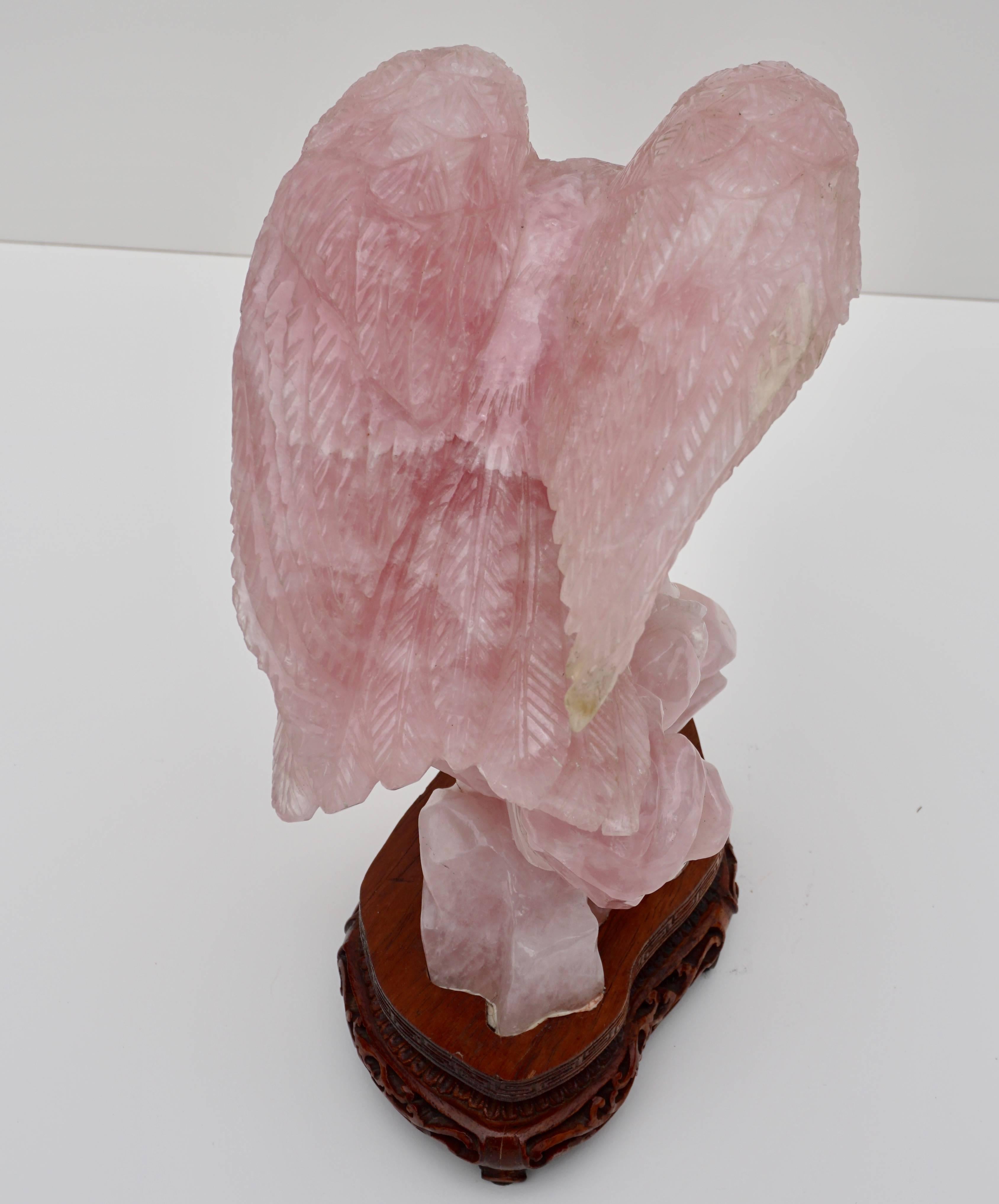 Hand-Carved Large Chinese Carved Rose Quartz Eagle on Stand