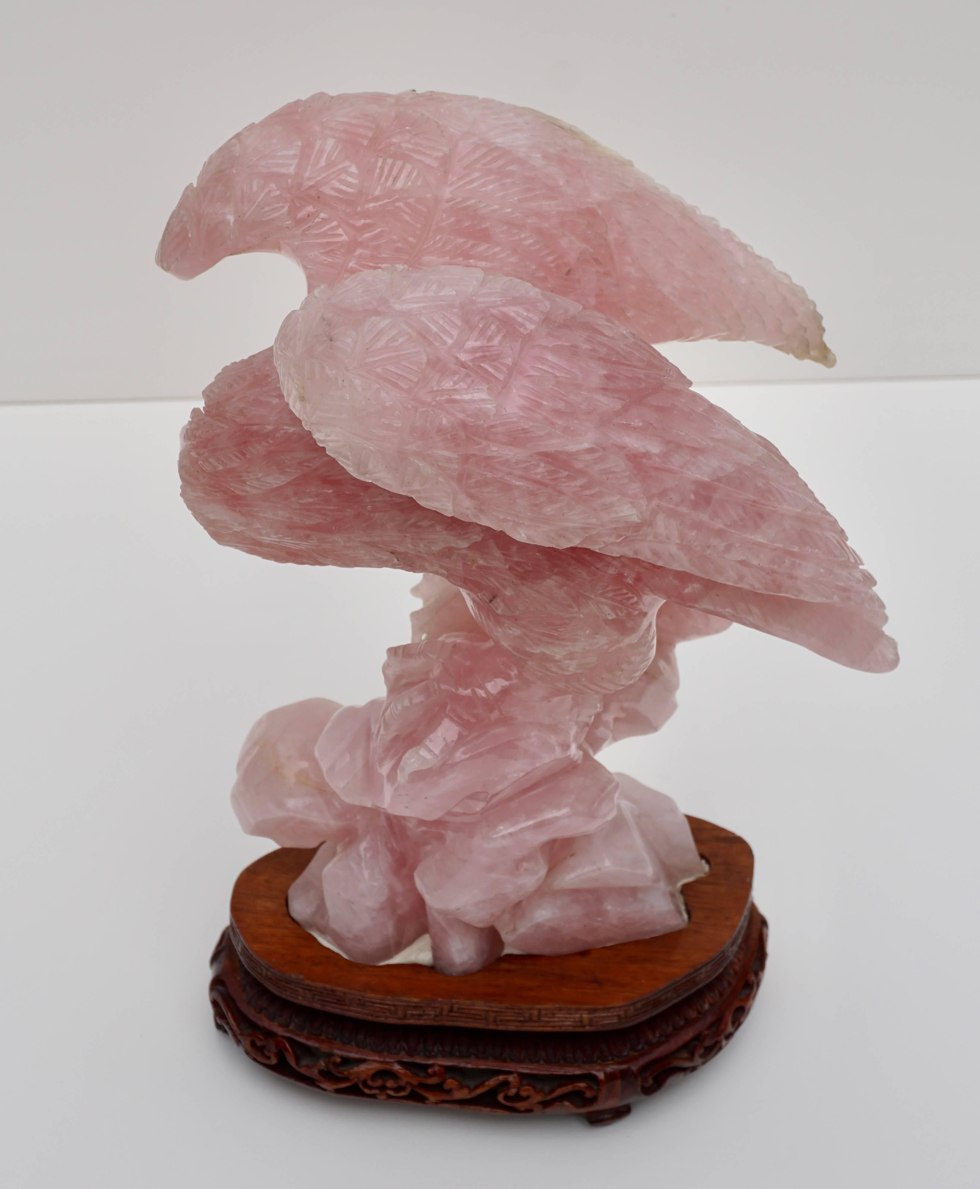 Large Chinese Carved Rose Quartz Eagle on Stand In Good Condition In Dallas, TX