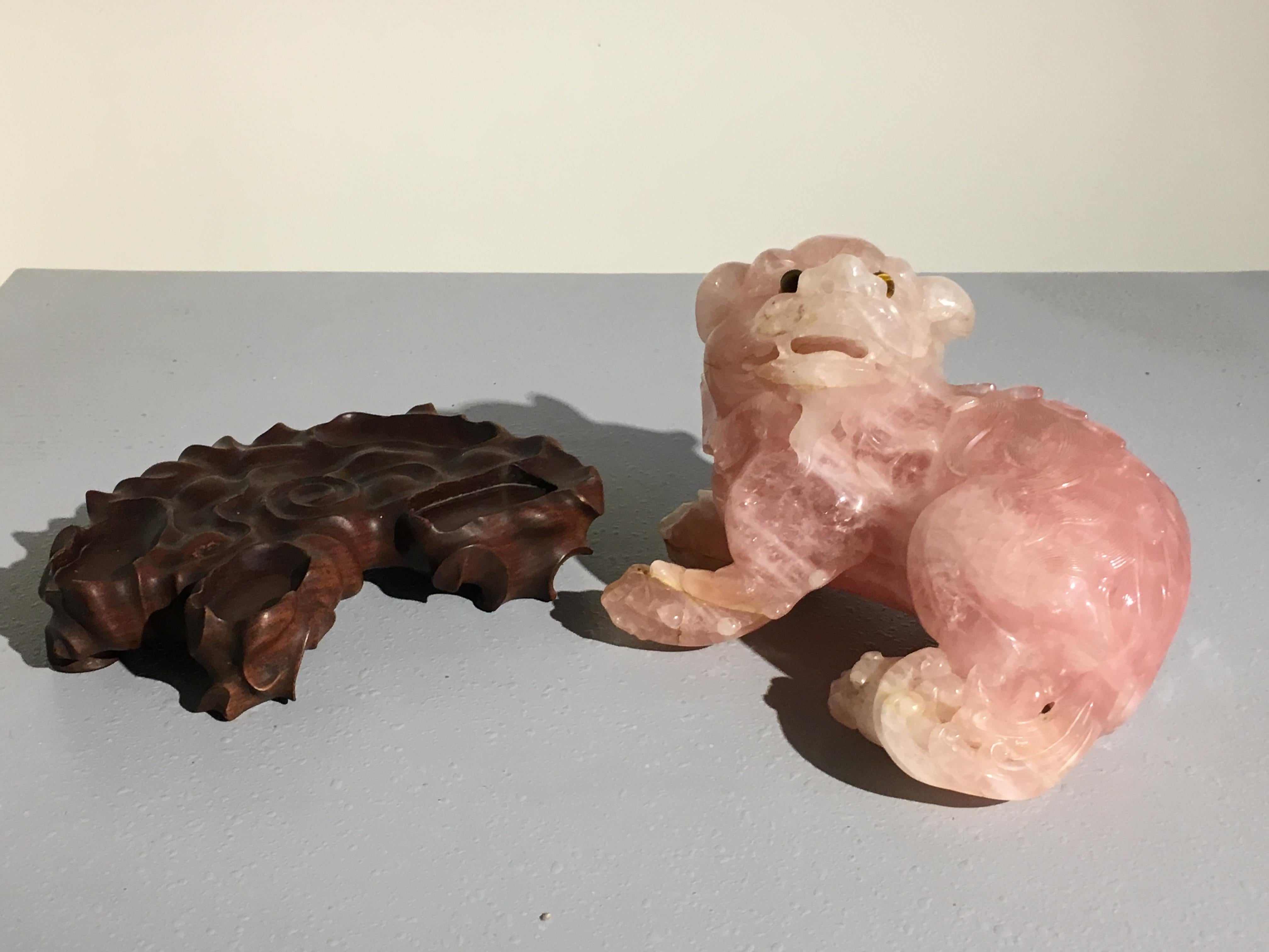 Hand-Carved Chinese Carved Rose Quartz Foo Lion, Republic Period, China