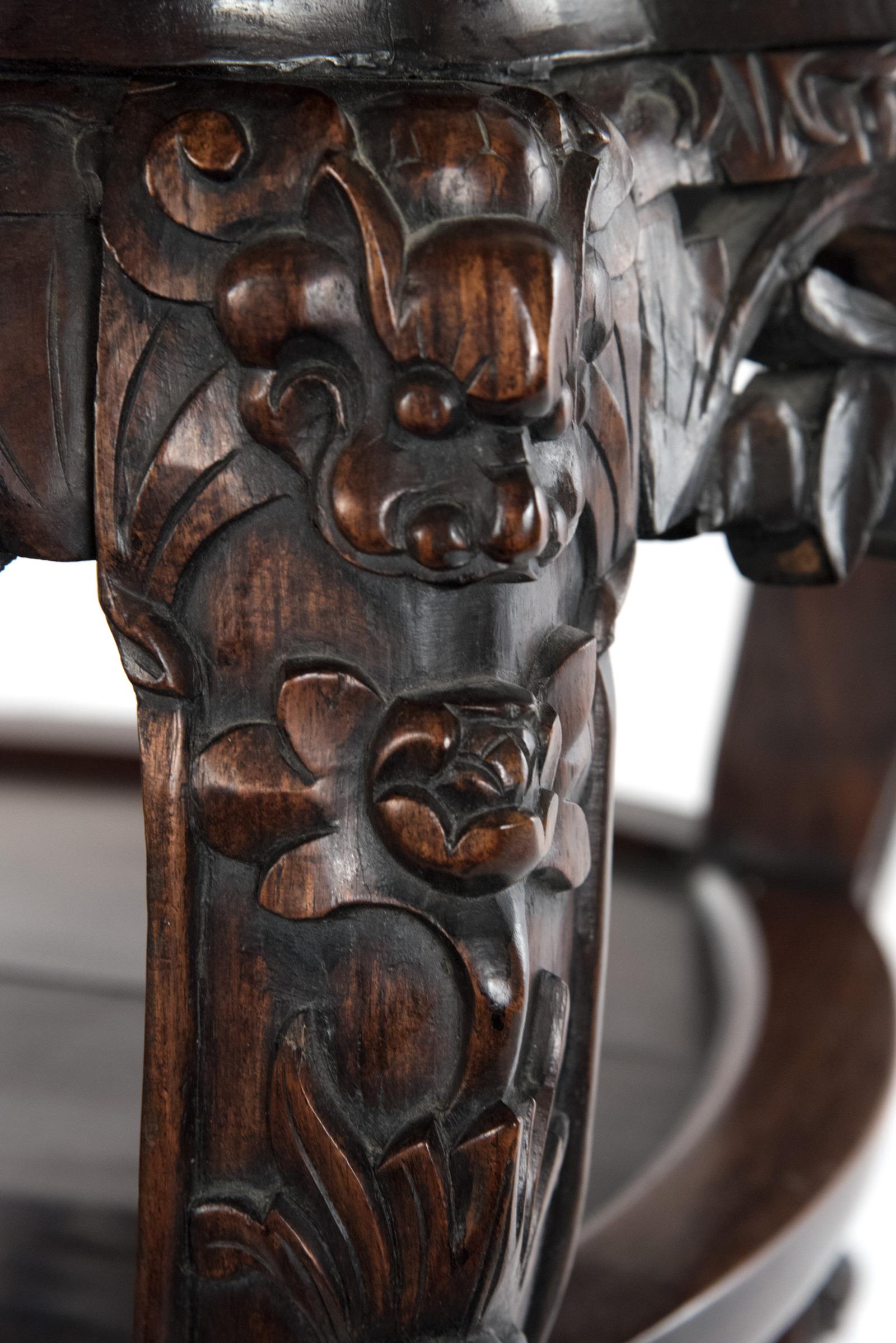 Chinese Export Chinese Carved Rosewood and Marble Captured-Top Table