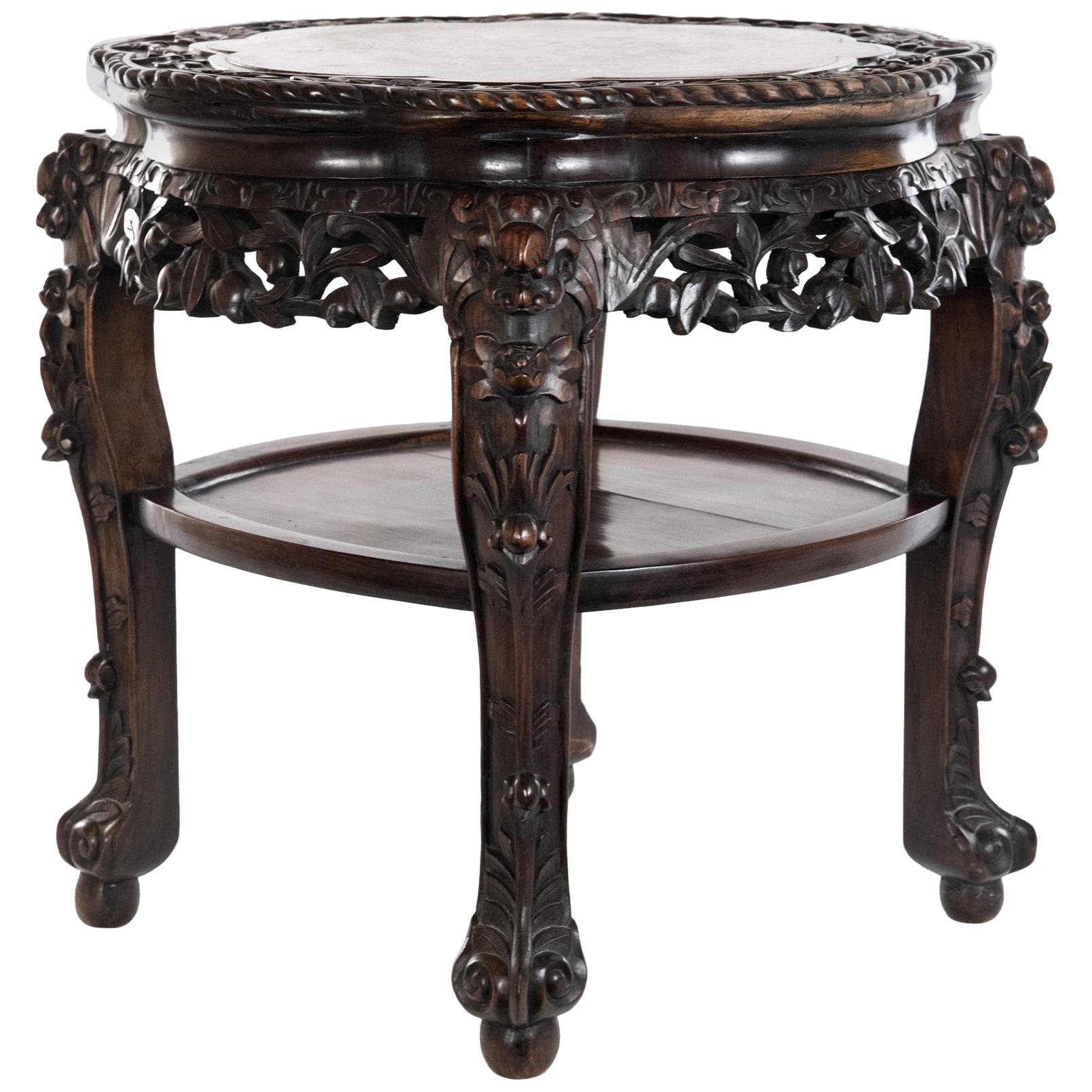 Chinese Carved Rosewood and Marble Captured-Top Table