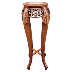 Chinese Carved Rosewood And Marble Inset Pedestal Plant Stand