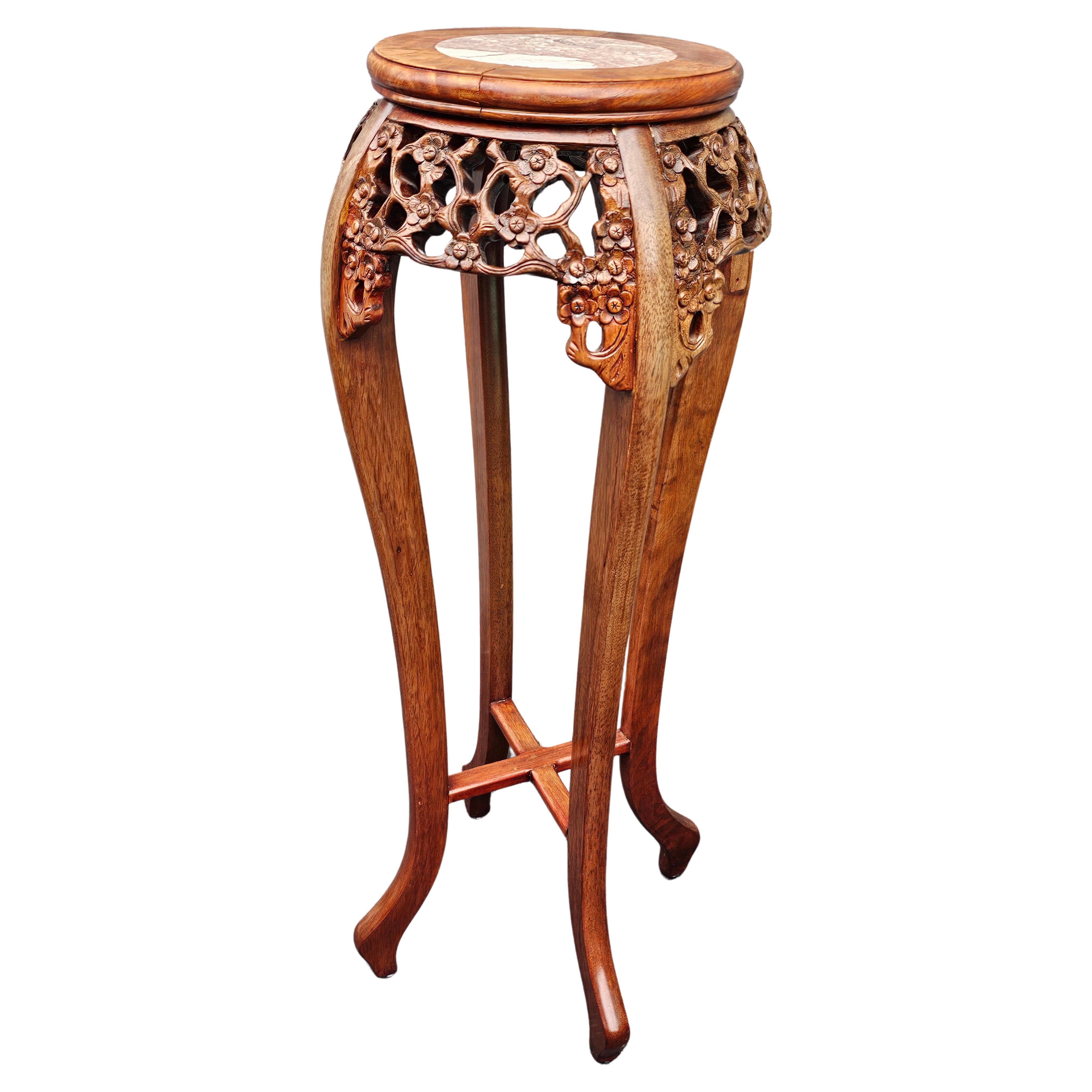 20th Century Chinese Carved Rosewood And Marble Inset Pedestal Plant Stand For Sale