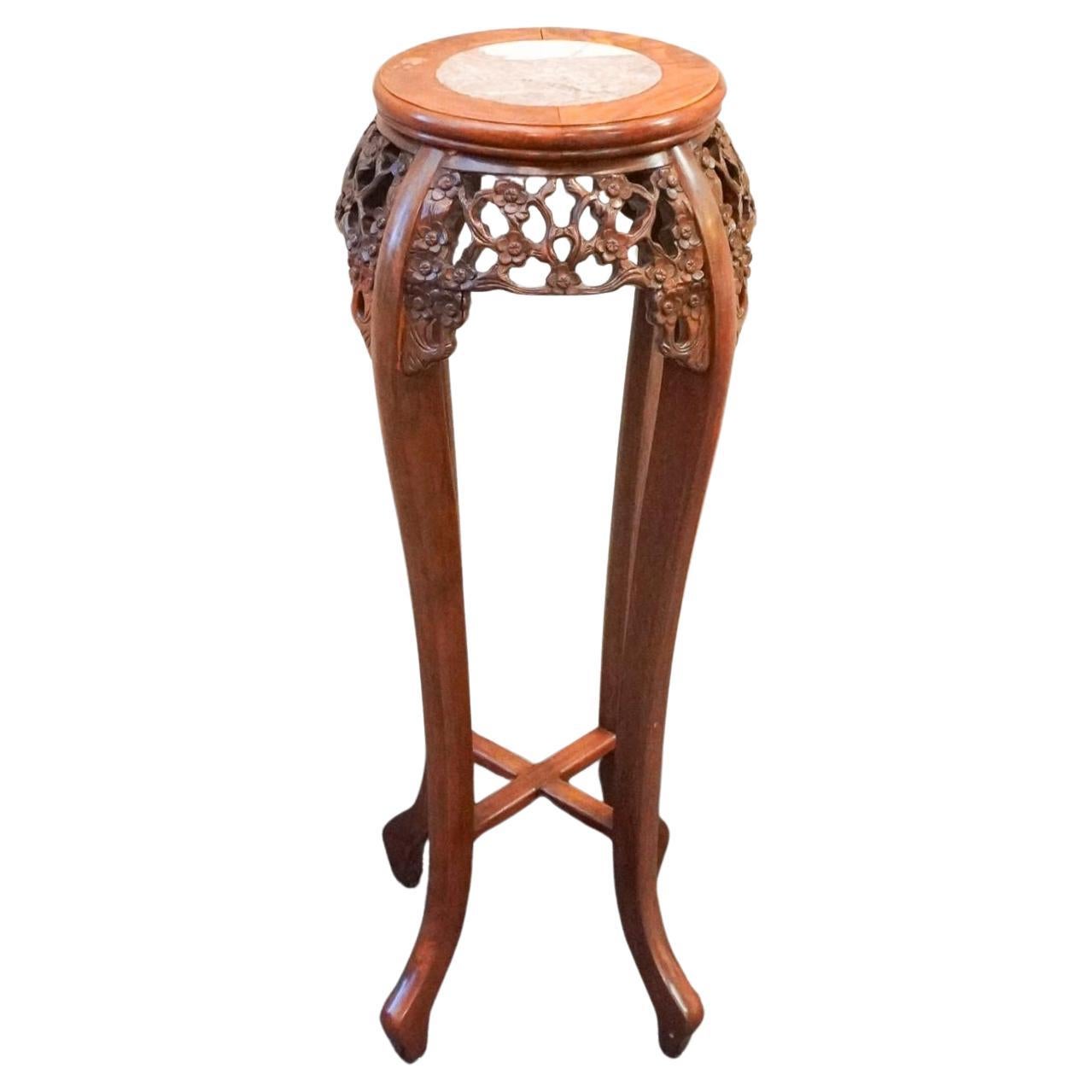 Chinese Carved Rosewood And Marble Inset Pedestal Plant Stand For Sale 1