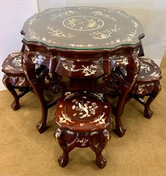 Chinese Carved Rosewood and Mother-of-Pearl Set, Tea Table and Four Stools