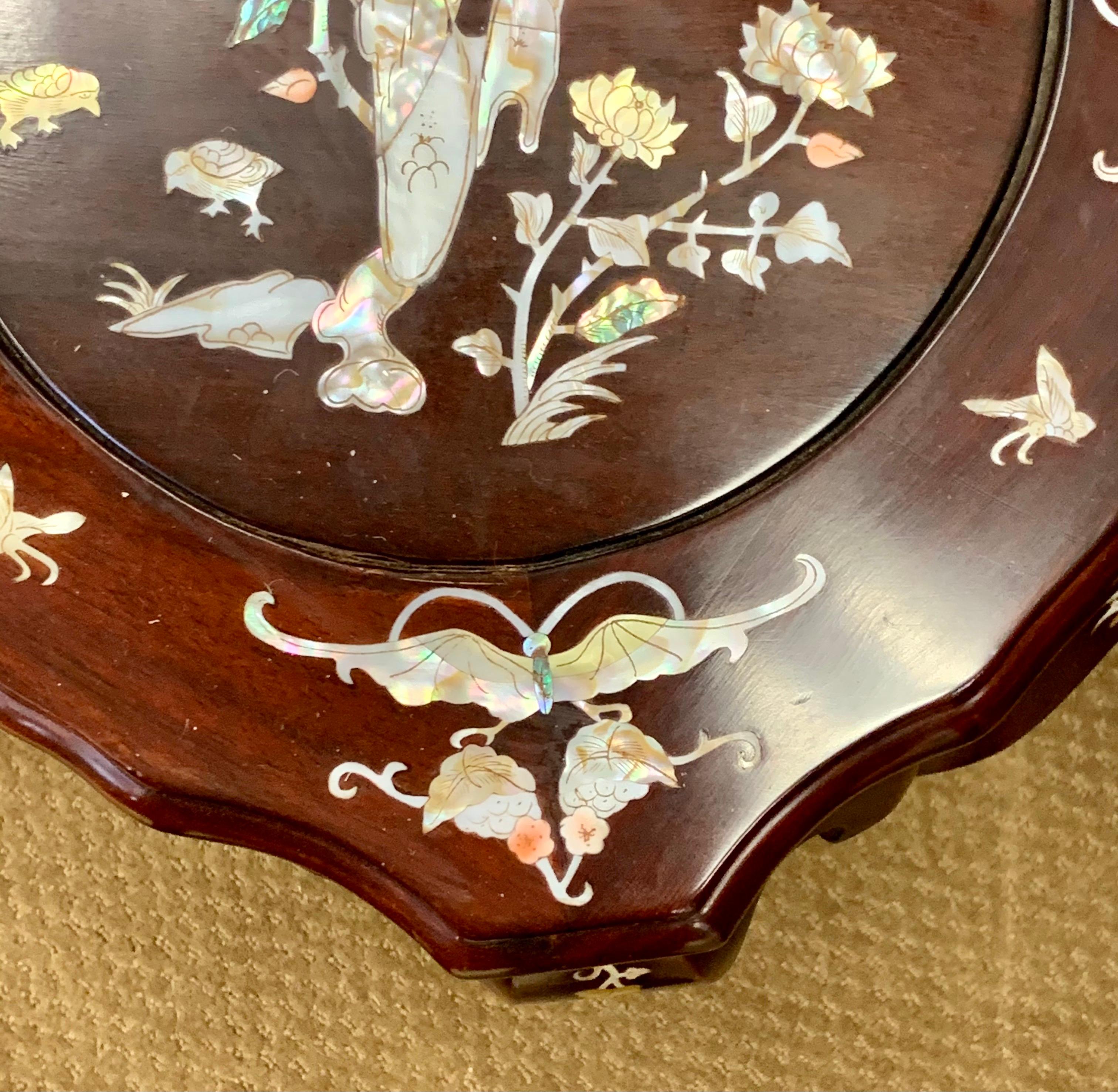 Chinoiserie Chinese Carved Rosewood and Mother-of-Pearl Set, Tea Table and Four Stools