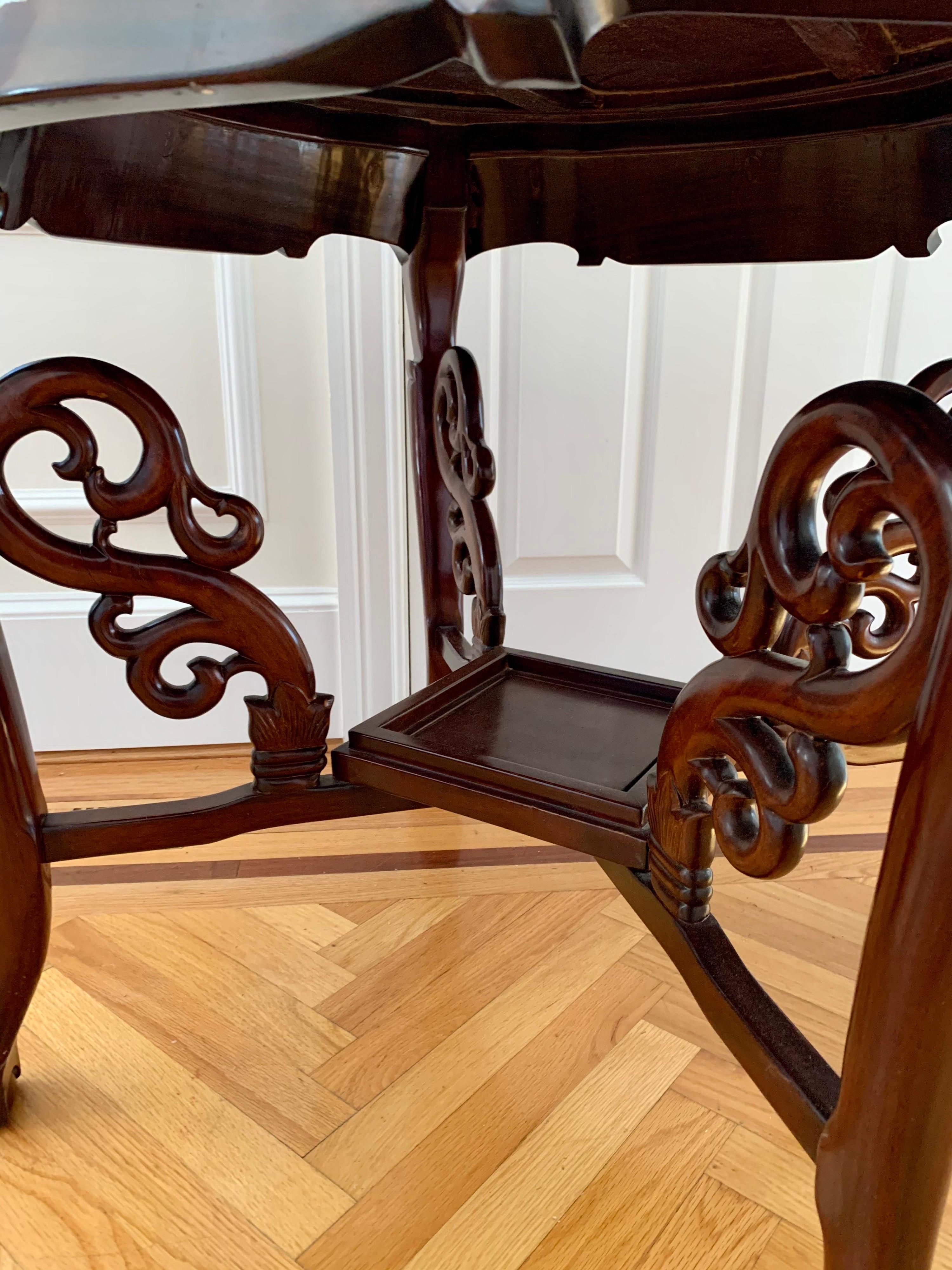 Chinese Carved Rosewood and Mother-of-Pearl Set, Tea Table and Four Stools 2