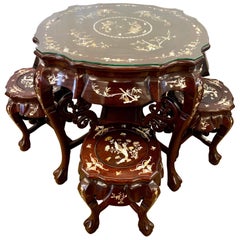 Chinese Carved Rosewood and Mother-of-Pearl Set, Tea Table and Four Stools