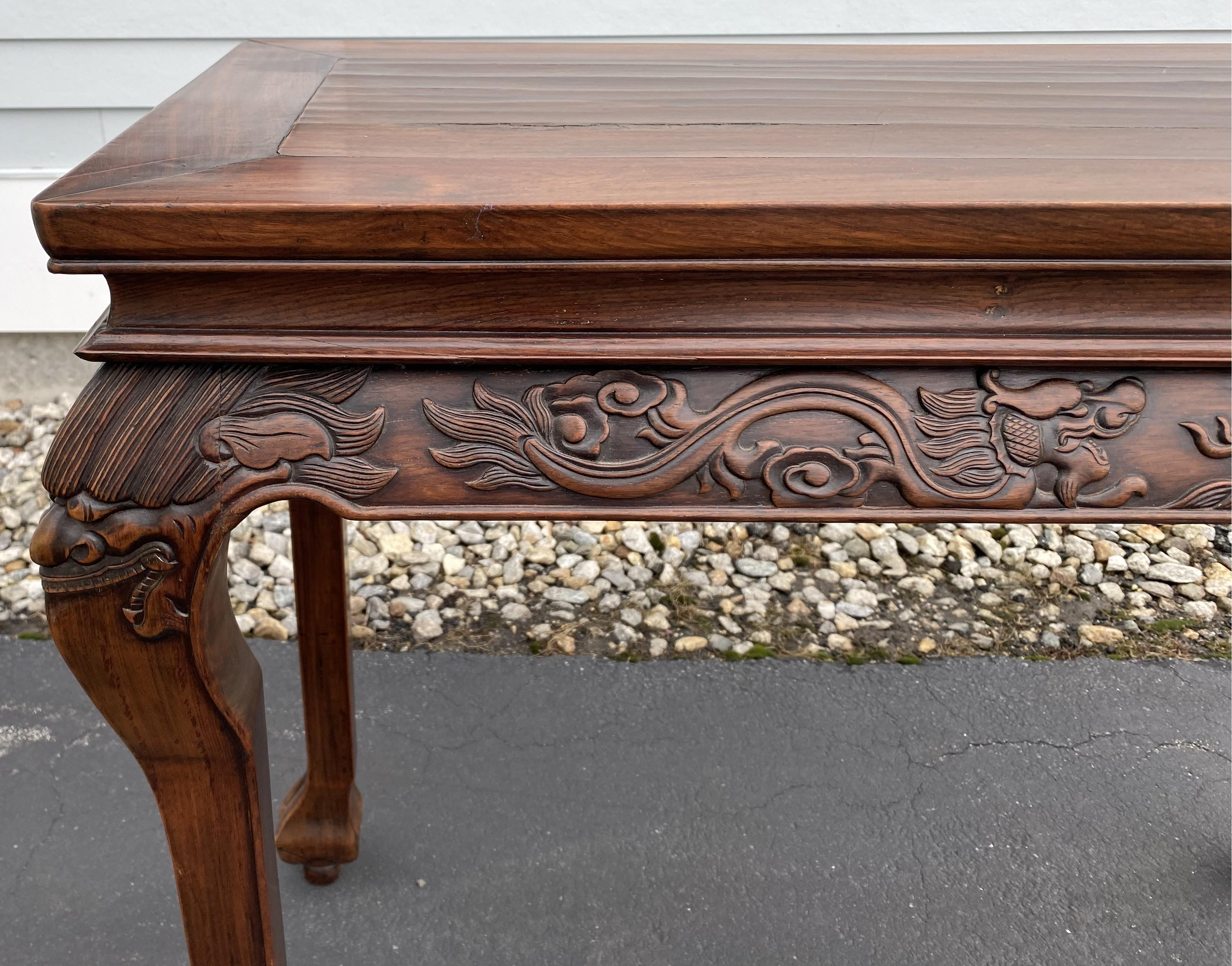 Hand-Carved Chinese Carved Rosewood Console or Center Table with Cabriole Legs