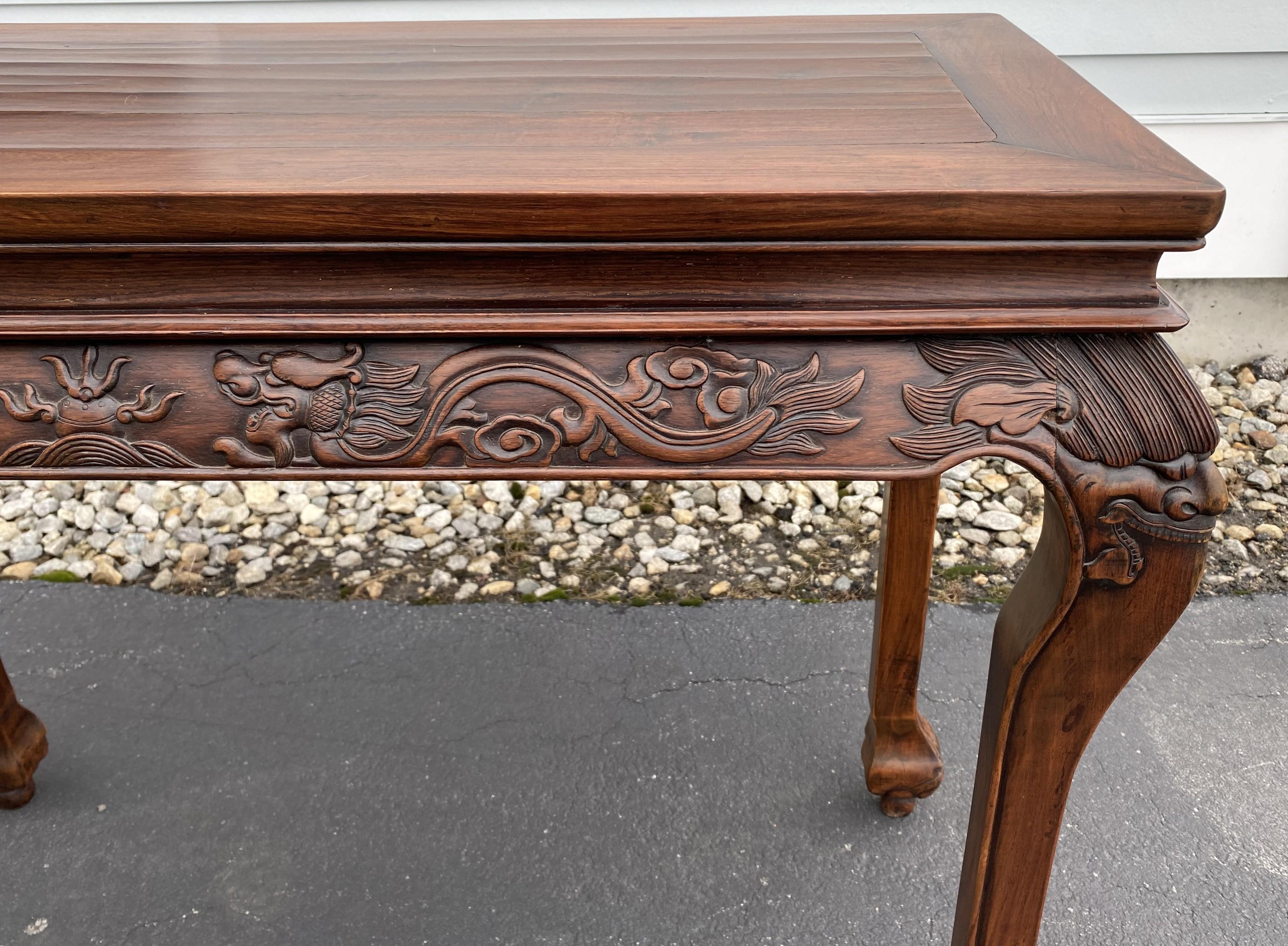 20th Century Chinese Carved Rosewood Console or Center Table with Cabriole Legs