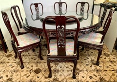 Chinese Carved Rosewood Dining Set, Round Pedestal Table & Eight Matching Chairs